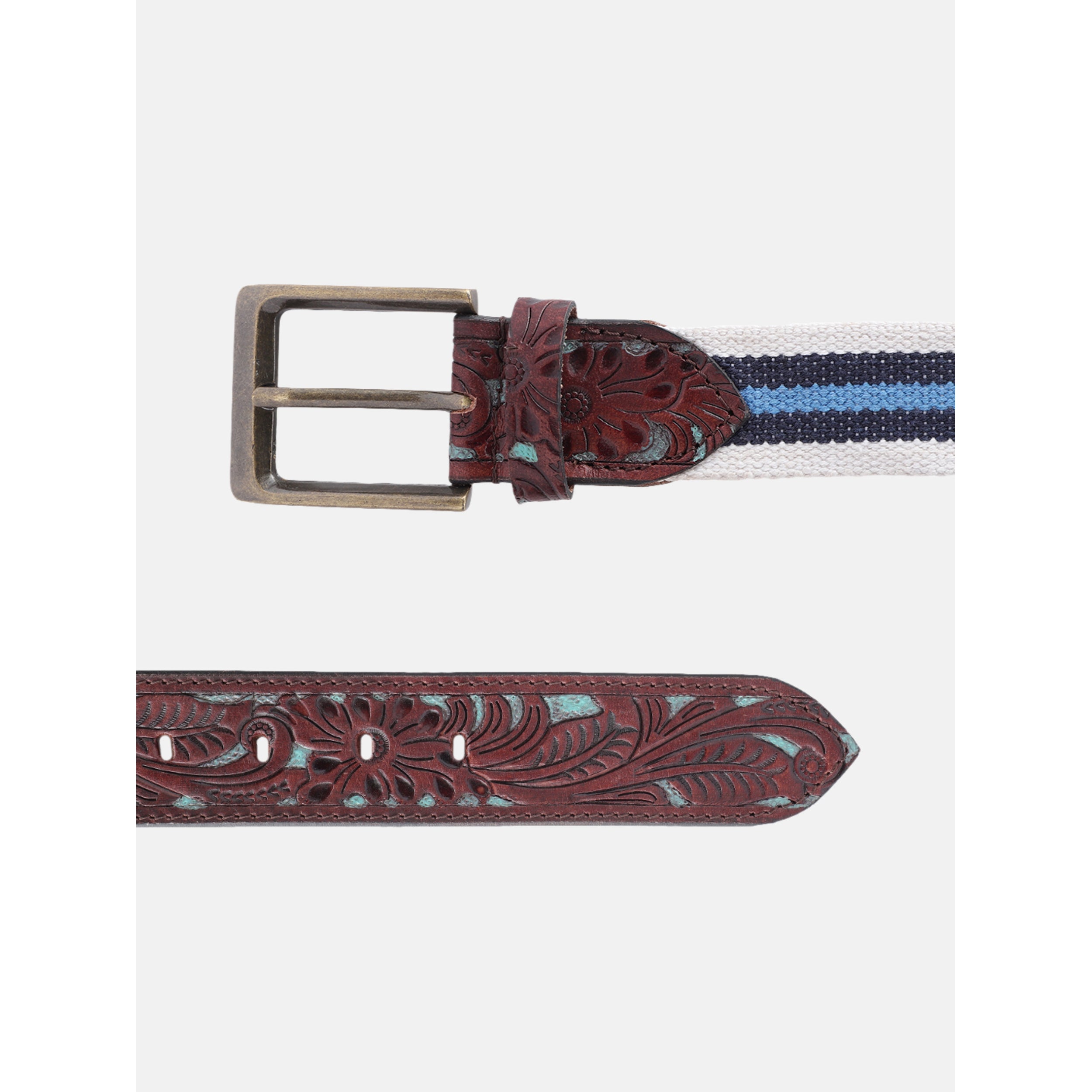 Unisex Genuine Leather Floral Embossed Canvas Blue White Waist Accessory Brass Buckle