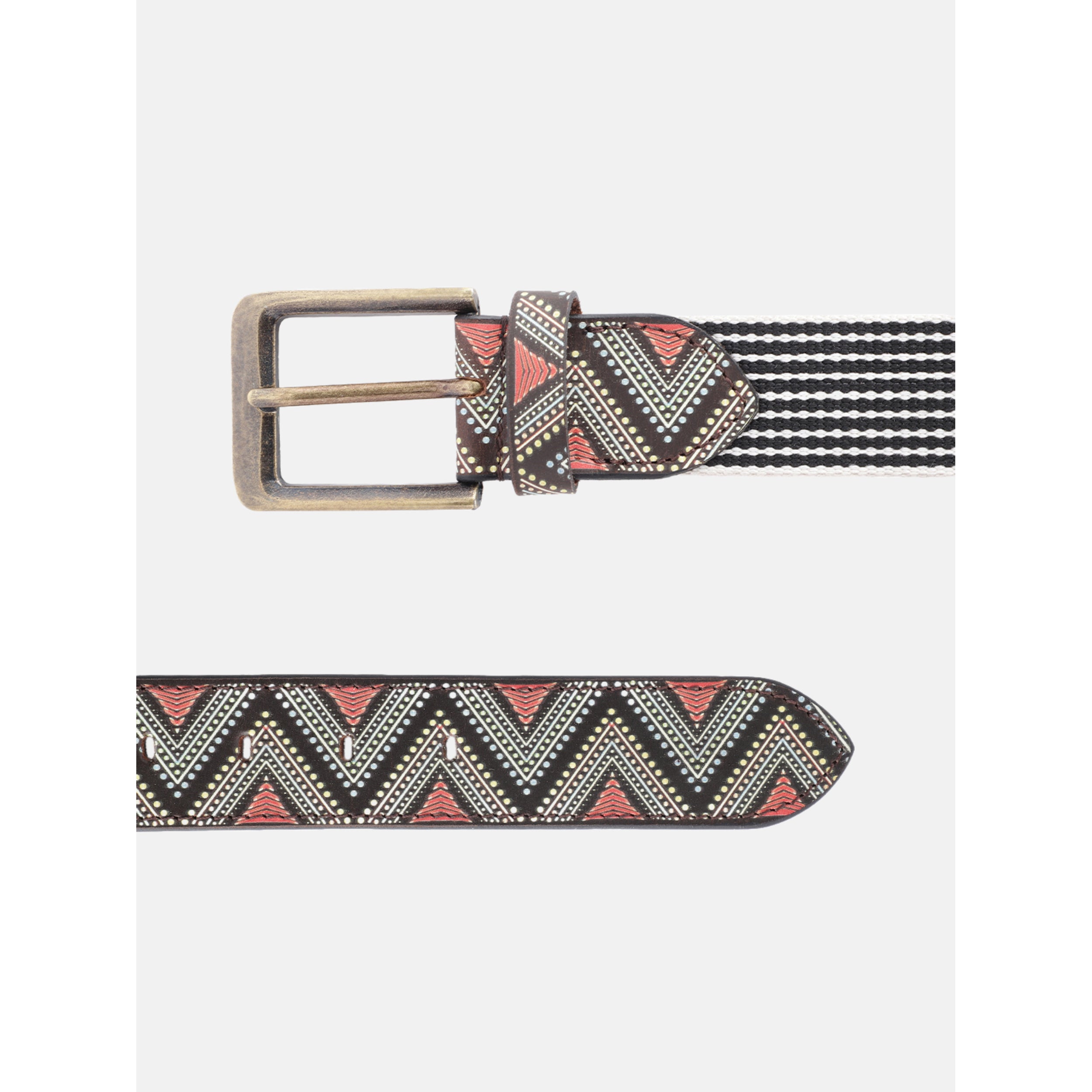 Unisex Genuine Leather Tribal Geometric Elastic Waist Accessory Antique Metal Buckle