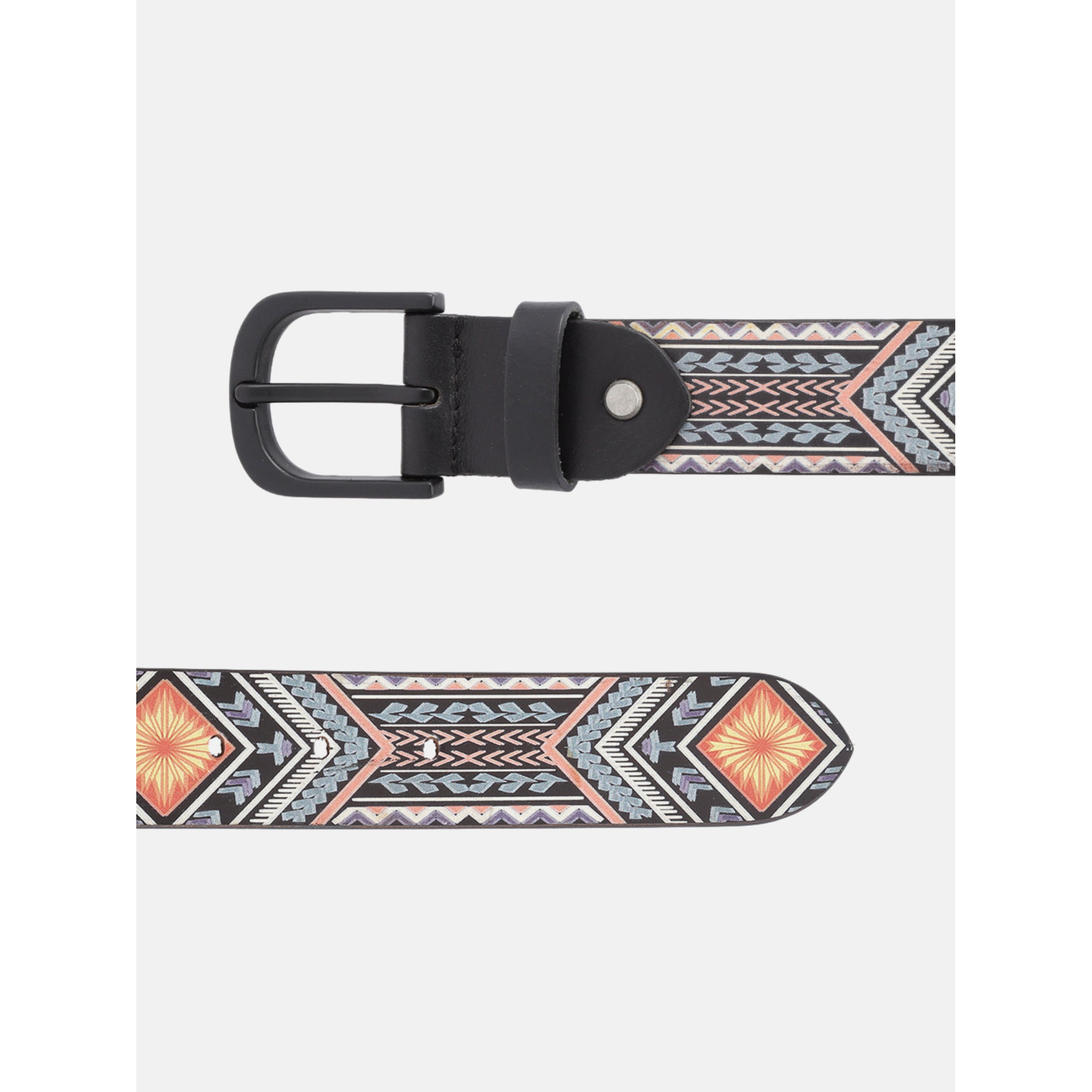 Men Genuine Leather Tribal Geometric Multicolor Waist Accessory Matte Buckle