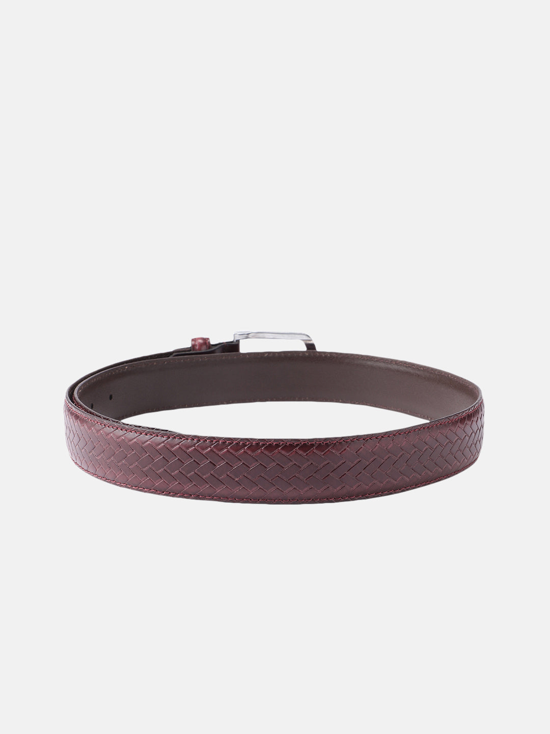 Brown Woven Texture Leather Belt With Silver Buckle Stylish Durable Everyday Wear