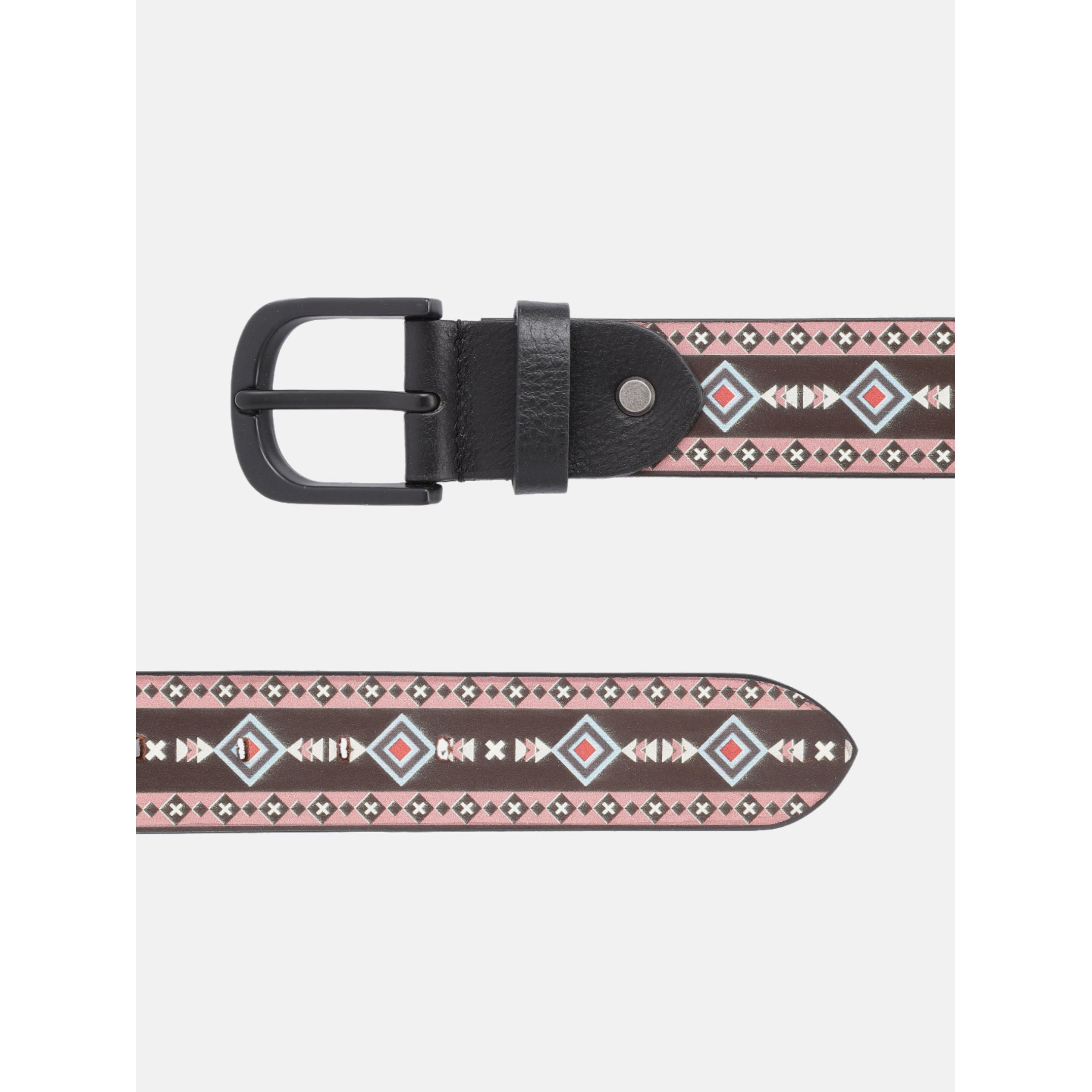 Unisex Geometric Patterned Leather Belt With Black Buckle For Casual Everyday Wear