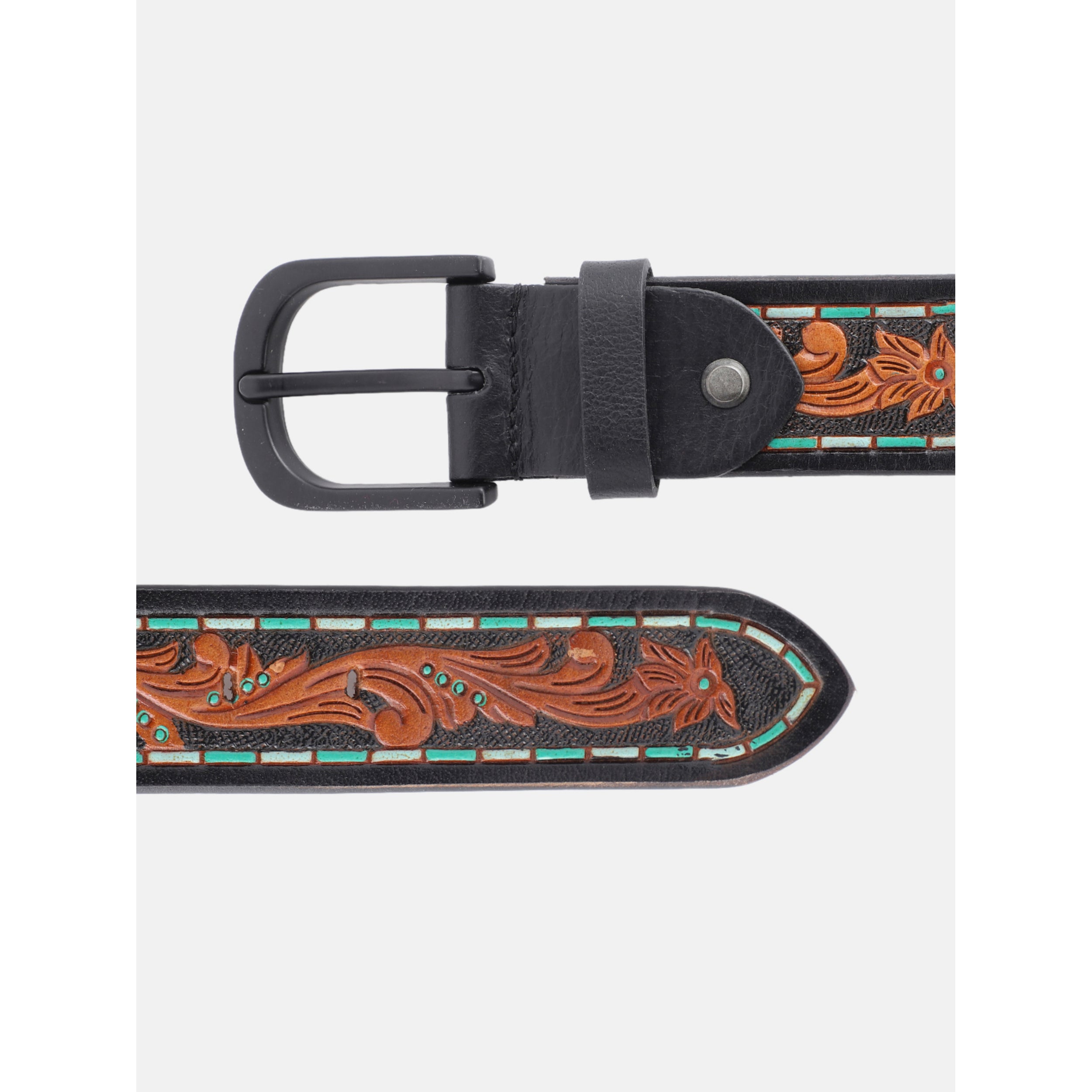 Unisex Genuine Leather Embossed Brown Turquoise Western Casual Waistbelt Matte Black Buckle