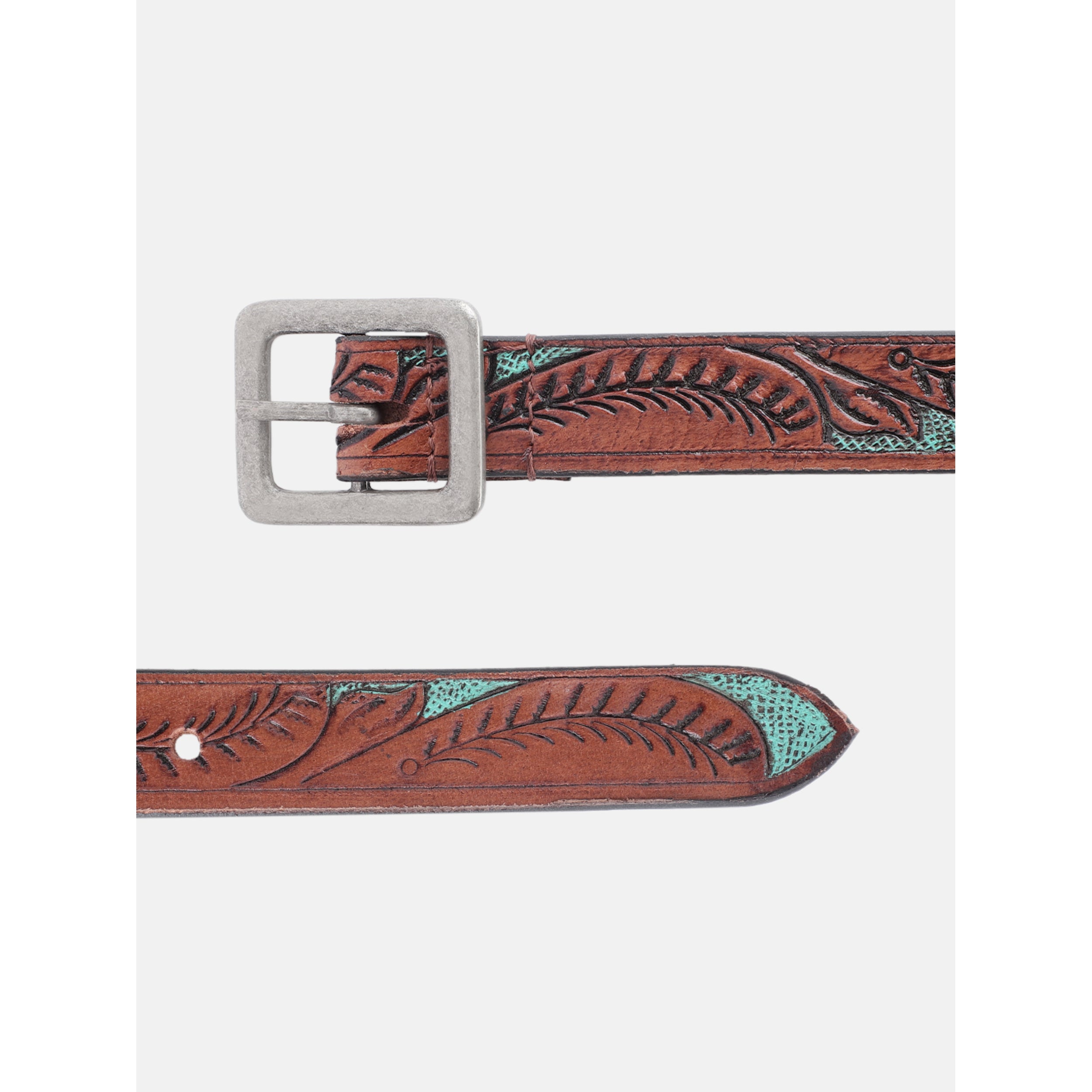 Premium Genuine Leather Brown Leaf Embossed Turquoise Inlay Western Waistbelt Square Buckle