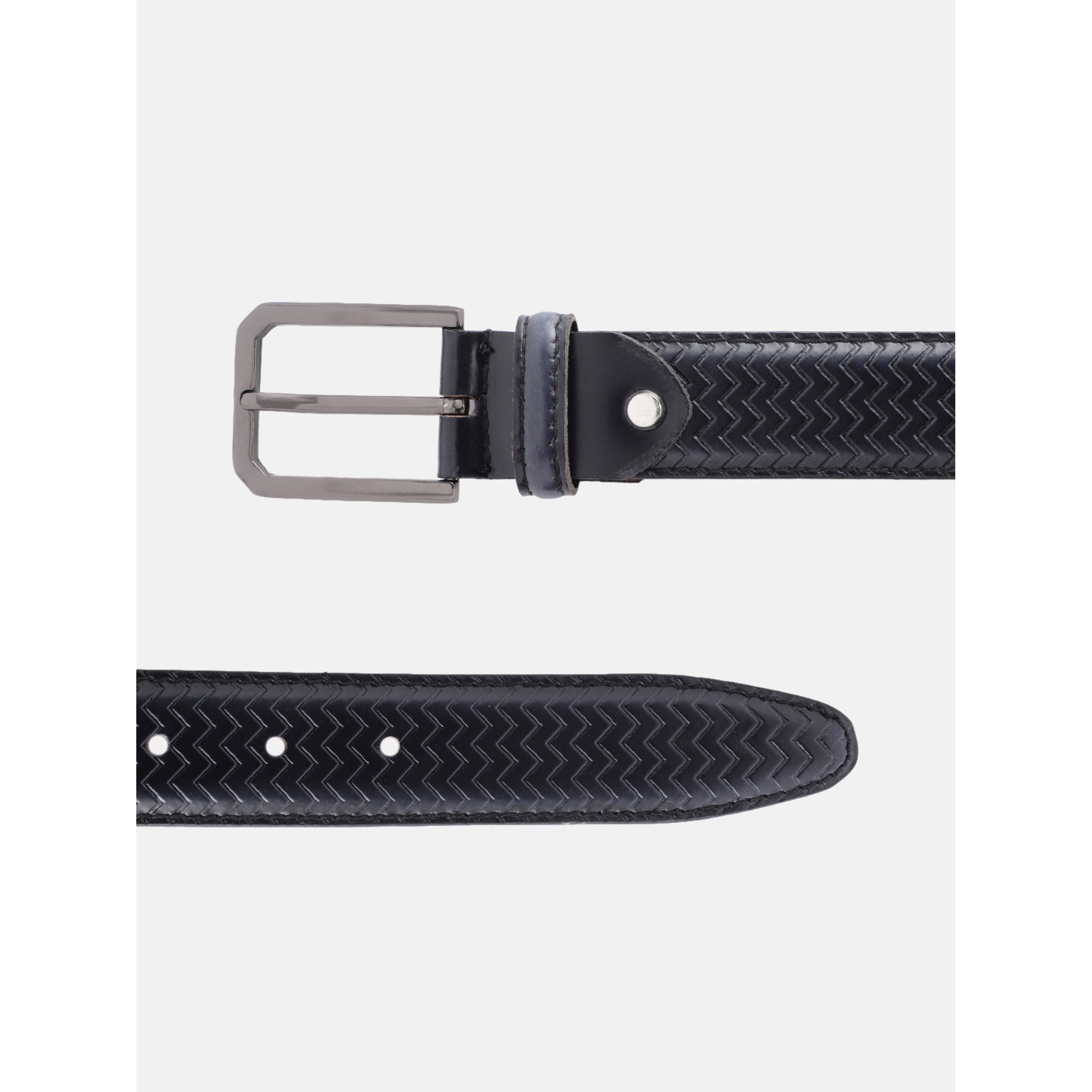Men Olive Textured Leather Belt With Vertical Stripe Pattern And Classic Metal Buckle