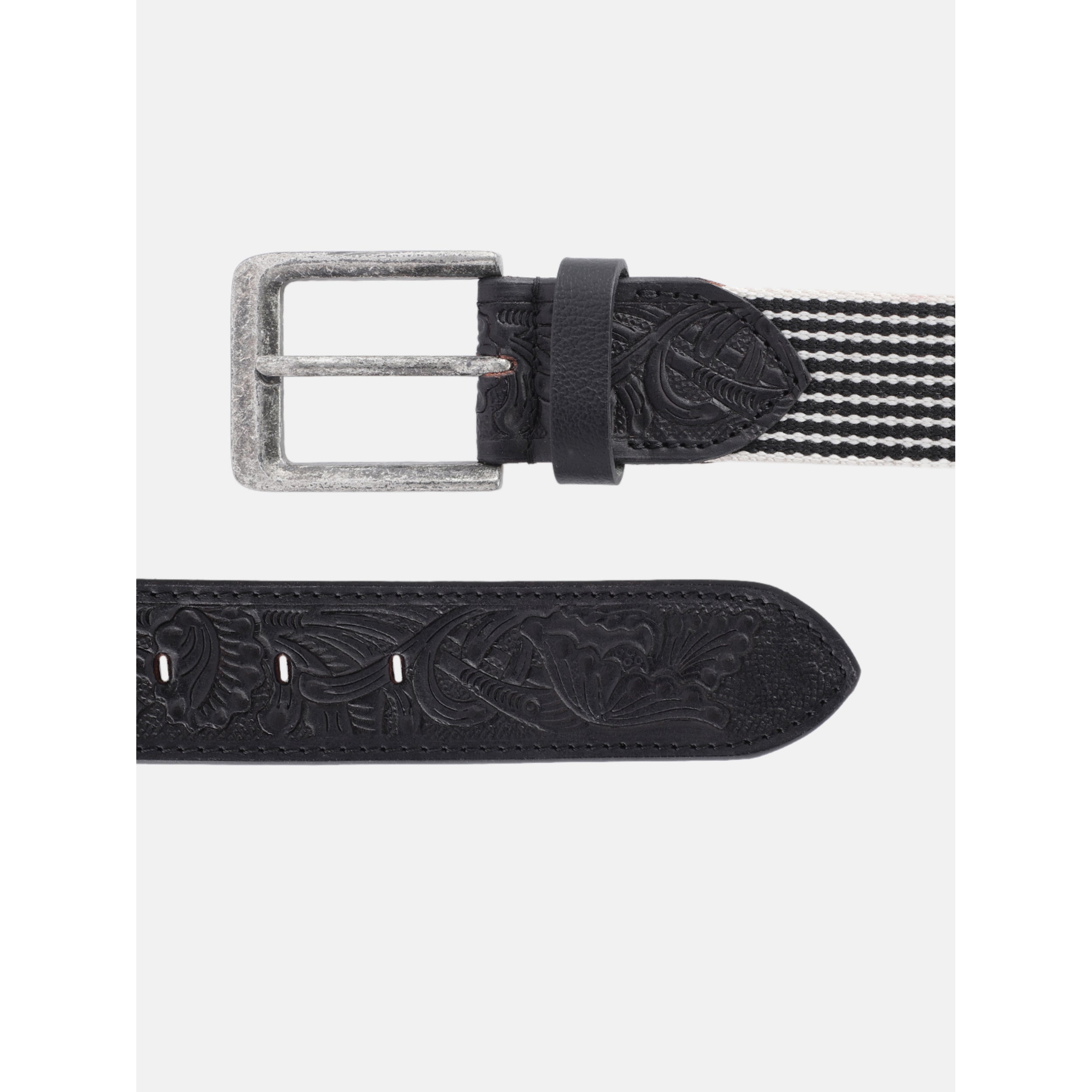 Unisex Genuine Leather Floral Embossed Canvas Black White Waist Accessory Brass Buckle