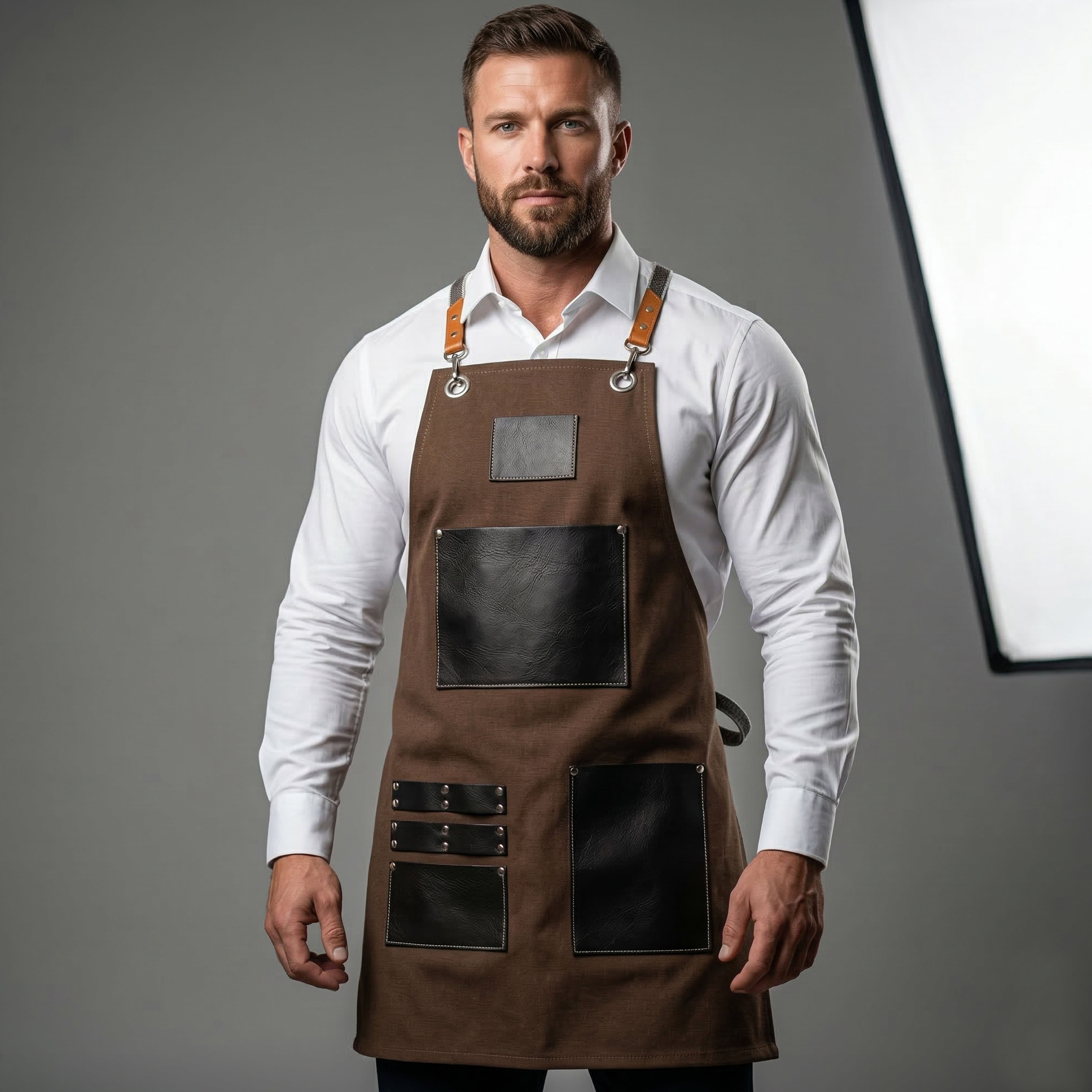 Premium Genuine Leather & Canvas Bib Apron – Brown & With Tie Strap