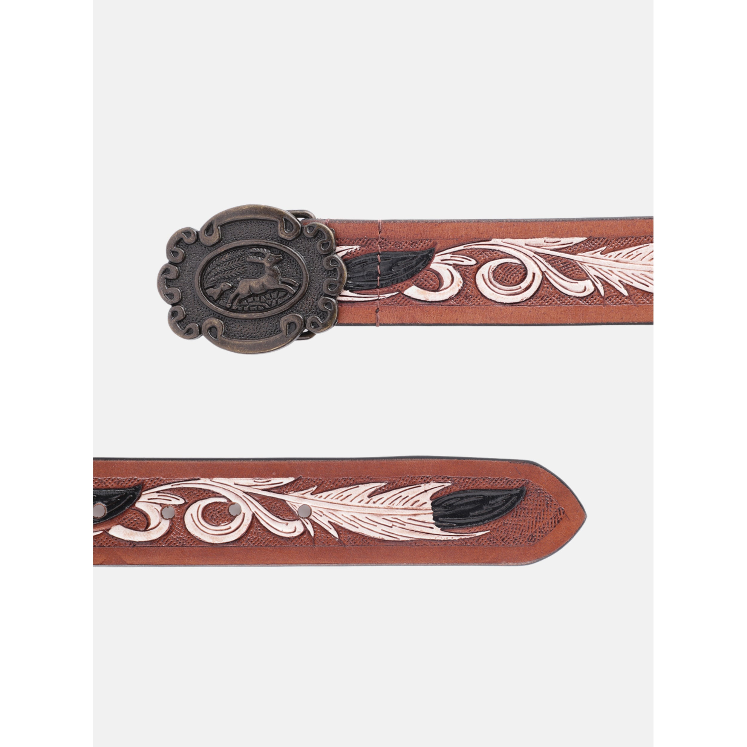 Unisex Genuine Leather Western Brown Embossed Floral Waist Accessory Antique Buckle