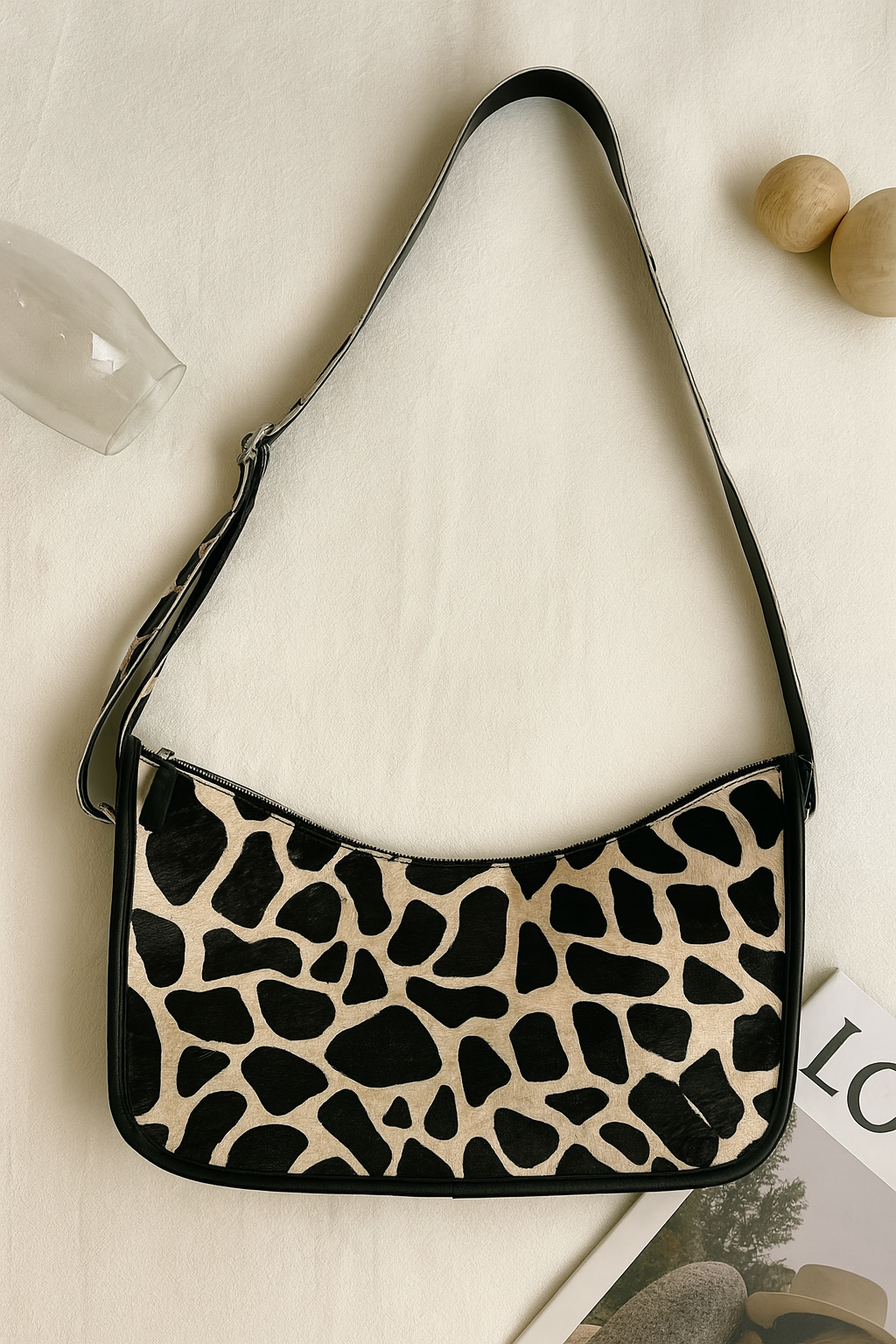 Elevate Your Style with our Black Leather Sling Bag featuring Printed Hair-On Design. Art: BG-1361