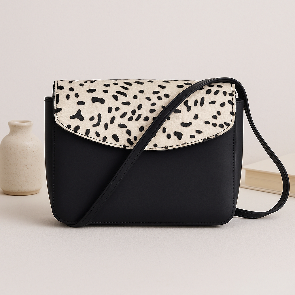 Elegance and Versatility Combined Black Leather Sling Bag with Printed Hair-On. Art: BG-1449