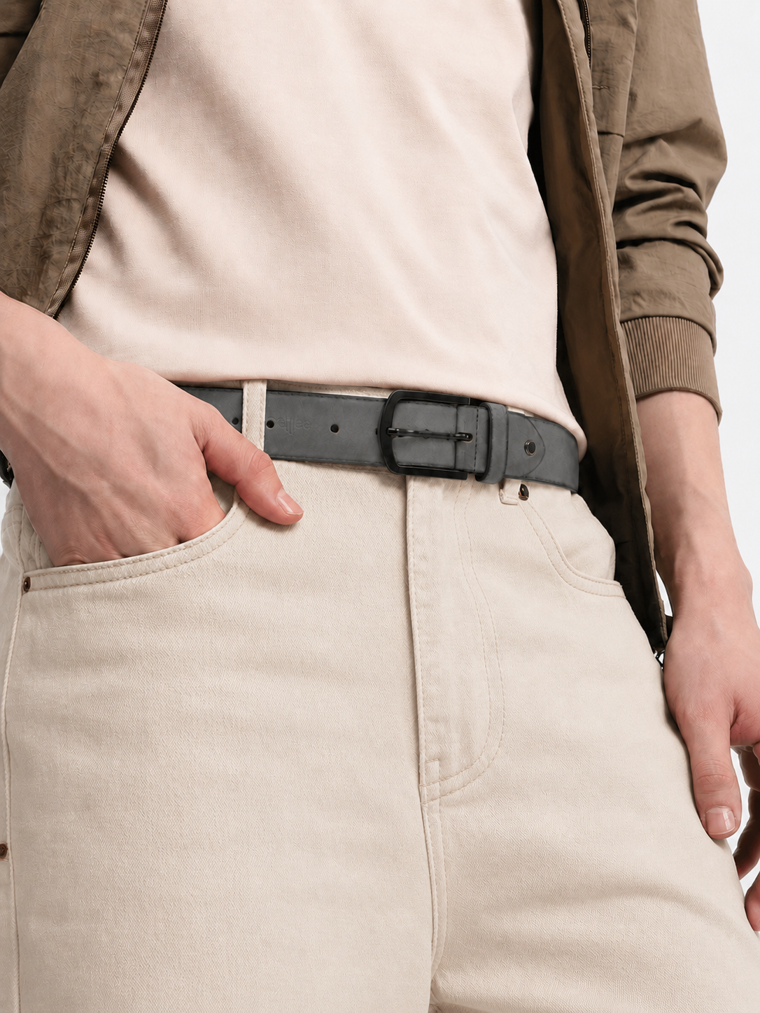 Unisex Genuine Leather Grey Waist Accessory Matte Metal Buckle Formal Casual Wear