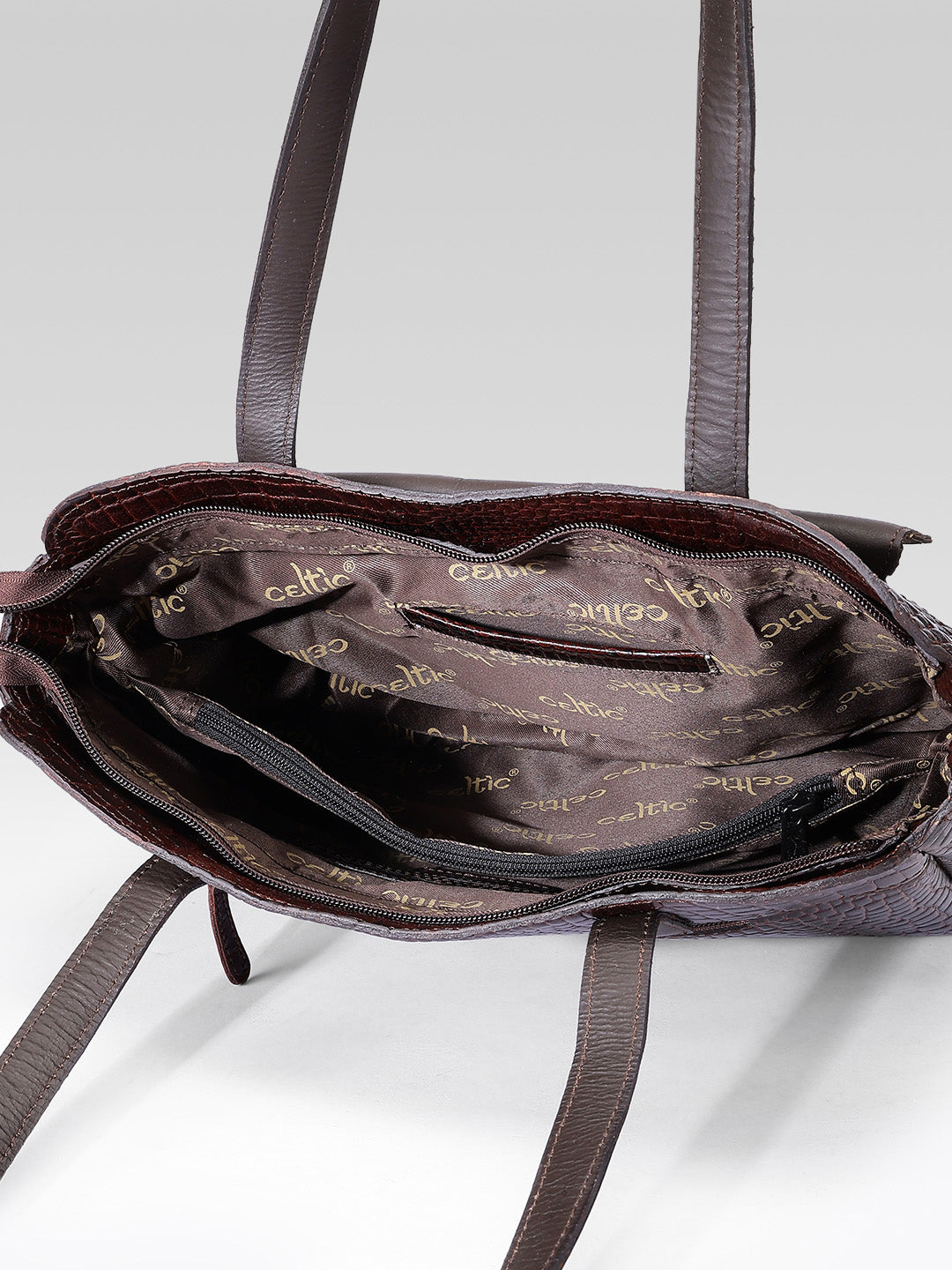 Premium Genuine Croc-Embossed Leather Tote Bag with Zip Compartments & Long Shoulder Straps