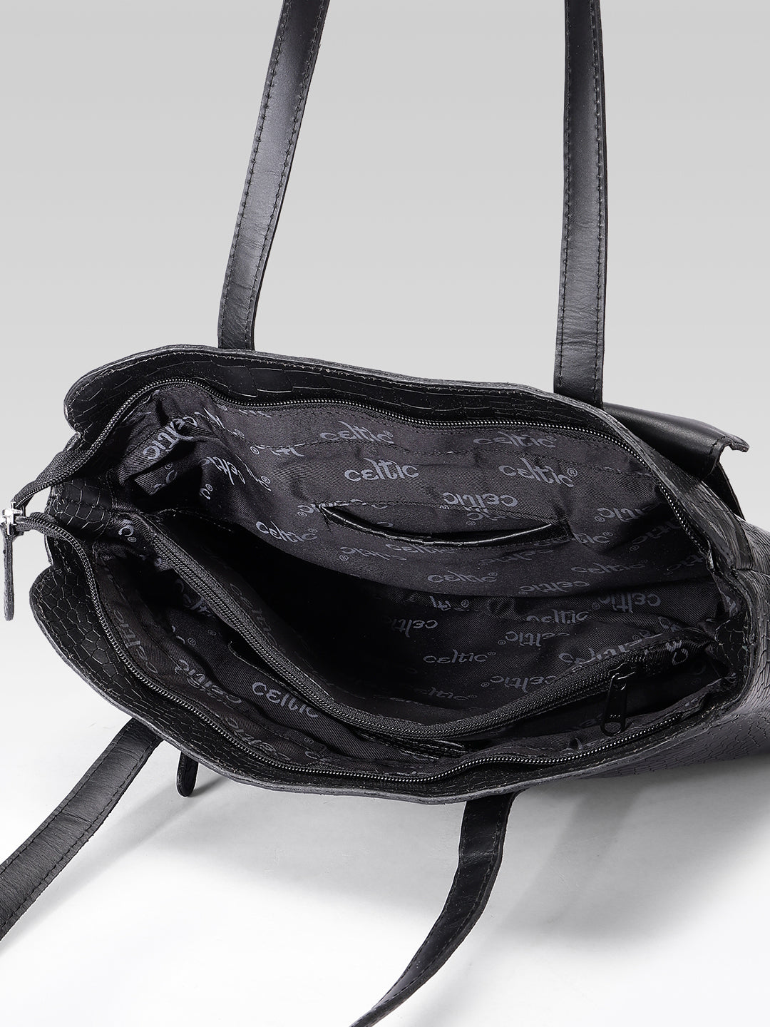 Premium Genuine Croc-Embossed Leather Tote Bag with Zip Compartments & Long Shoulder Straps