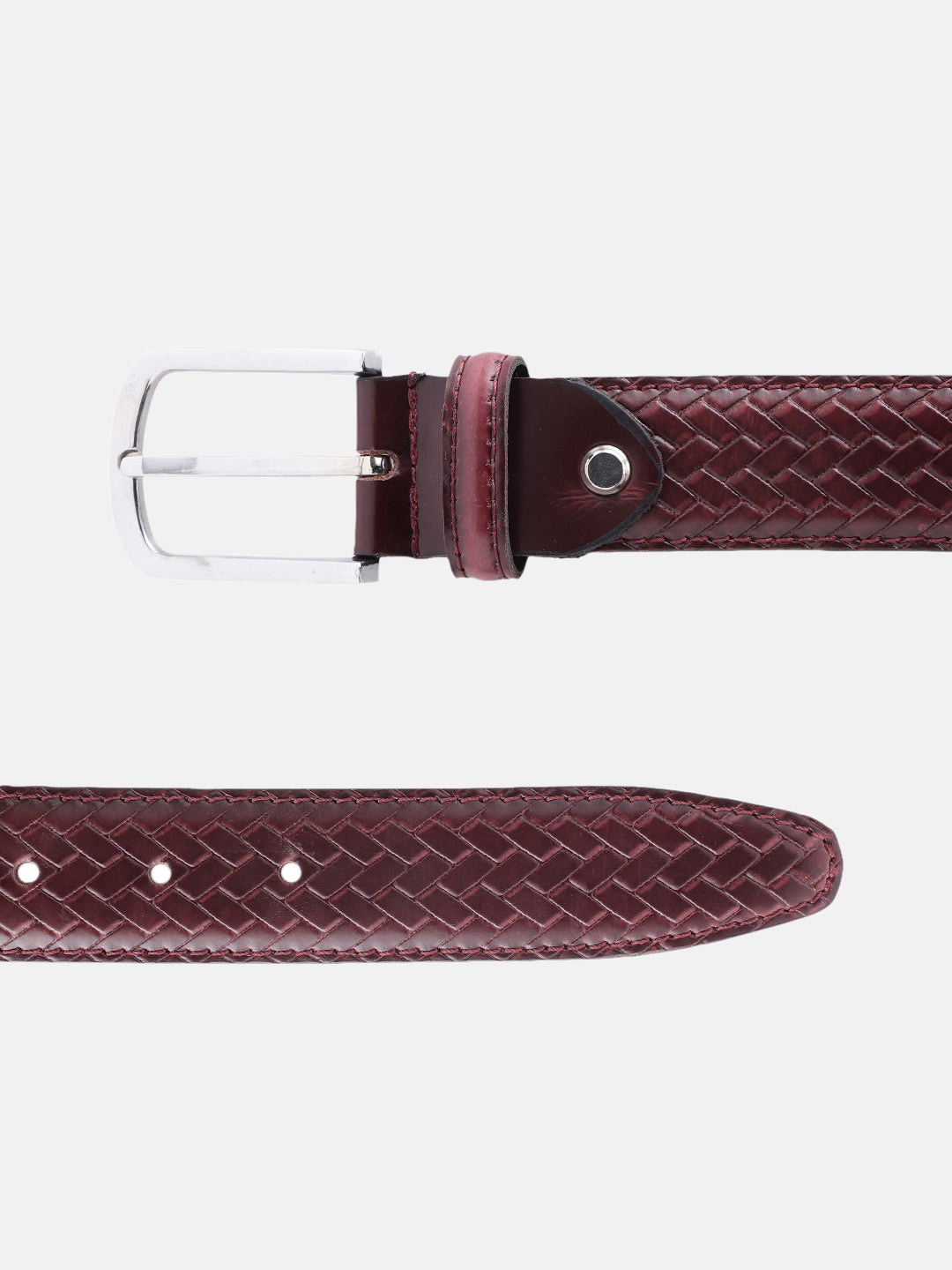 Brown Woven Texture Leather Belt With Silver Buckle Stylish Durable Everyday Wear