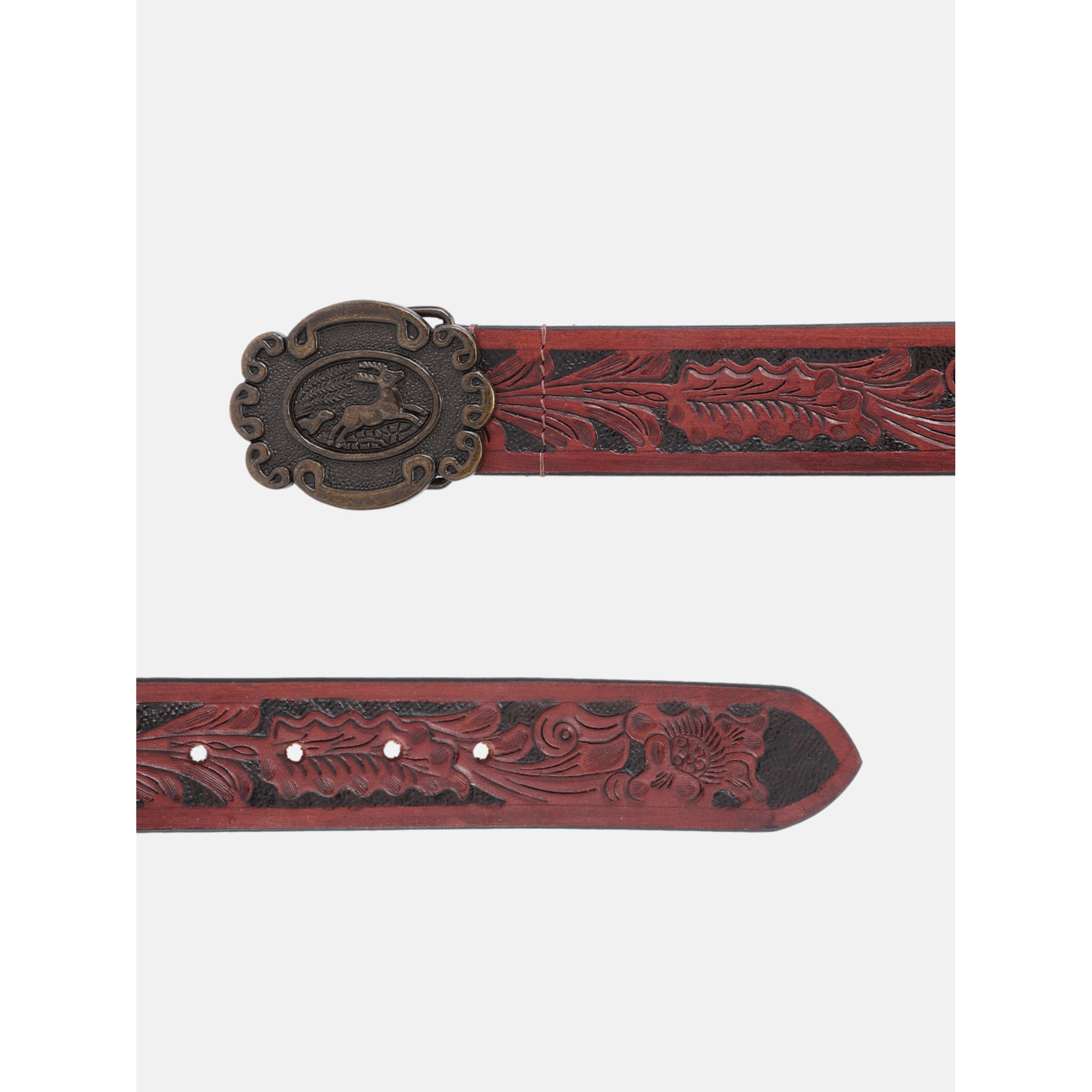 Men Genuine Leather Embossed Floral Brown Western Waist Accessory Antique Buckle