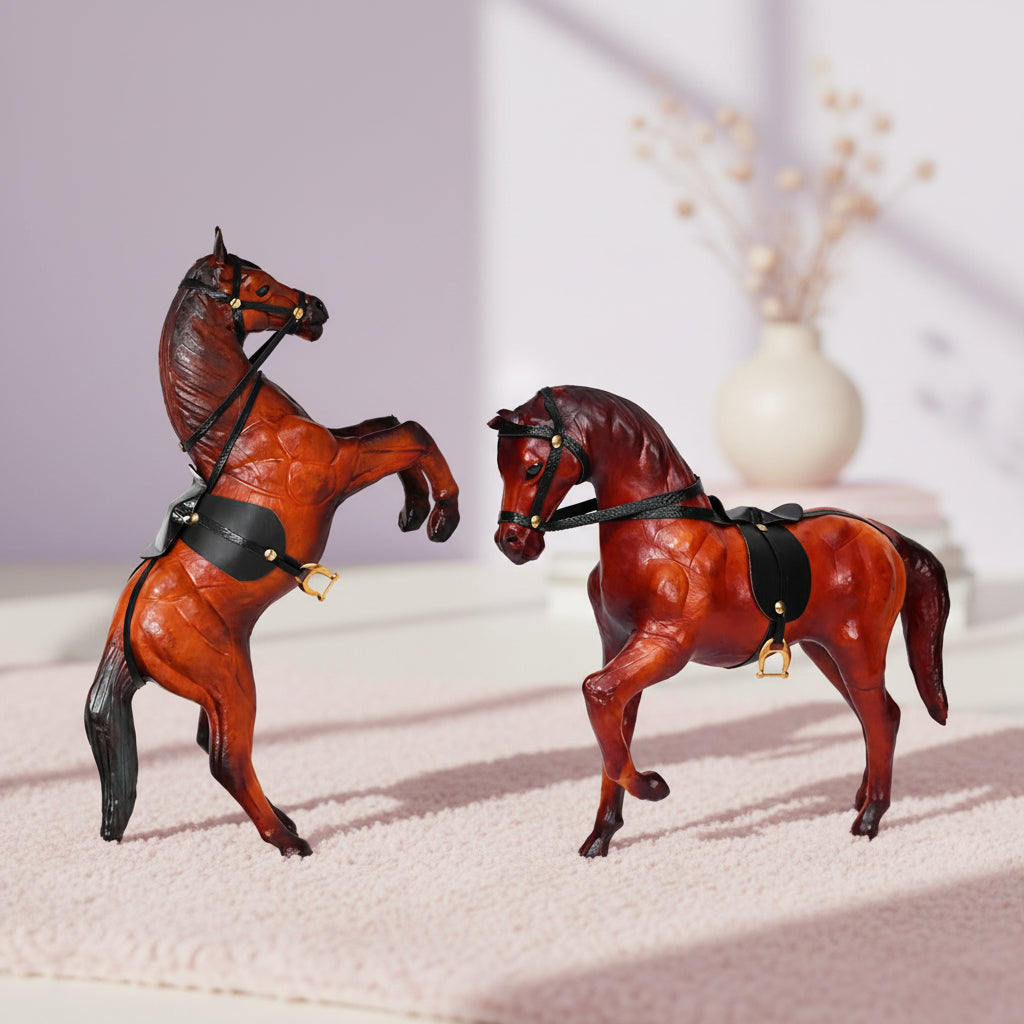 Premium Horse Décor Combo Set – Rearing & Standing Horses with Rich Brown Finish, Black Harness & Gold Accents