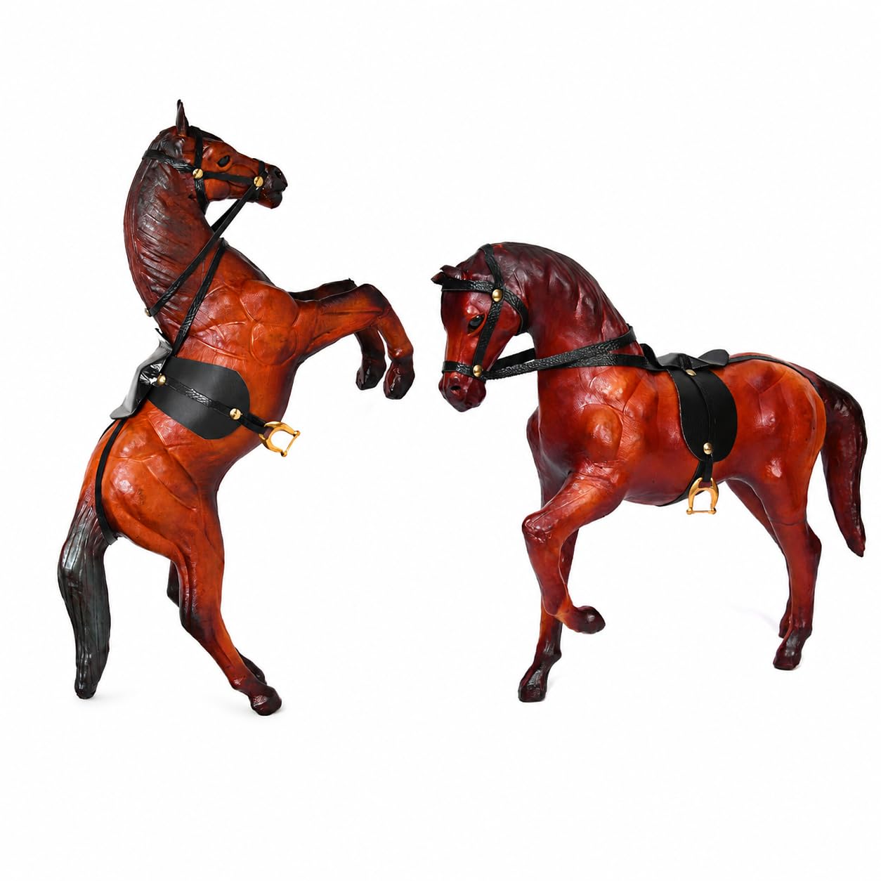 Premium Horse Décor Combo Set – Rearing & Standing Horses with Rich Brown Finish, Black Harness & Gold Accents