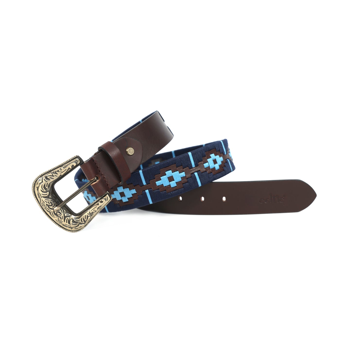 Premium Brown Leather Polo Belt with Blue Webbing & Designer Buckle + Matching Keyring. LB-866