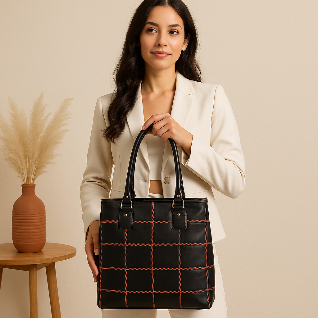 "Bold Fusion: Black Tote Bag with Orange Stitching - Elevate Your Style with Vibrant Contrast" Art: BG-1143-Z