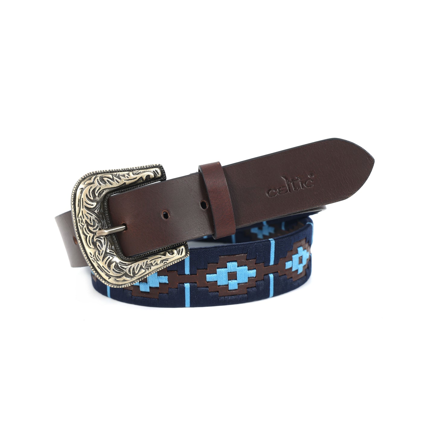 Premium Brown Leather Polo Belt with Blue Webbing & Designer Buckle + Matching Keyring. LB-866