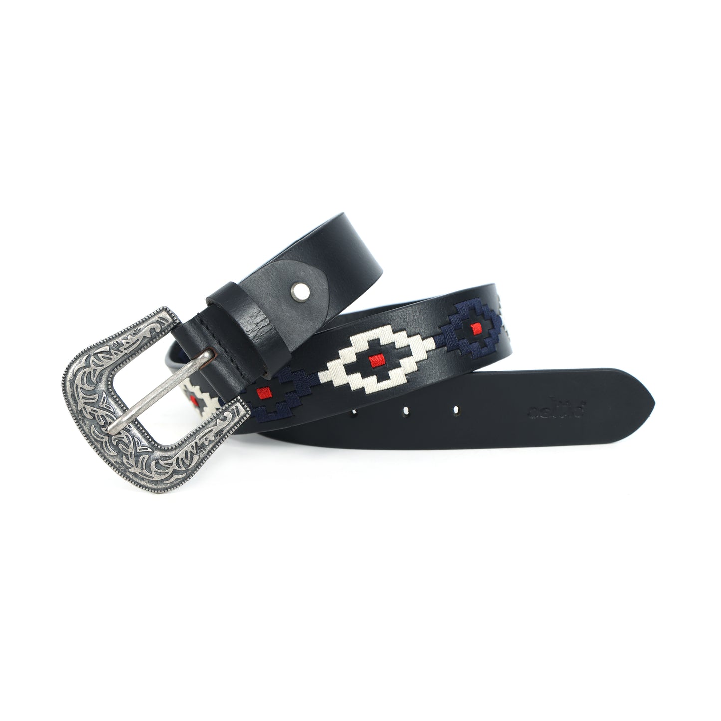 Premium Black Leather Polo Belt with Silver Designer Buckle & Multicolour Webbing. LB-865