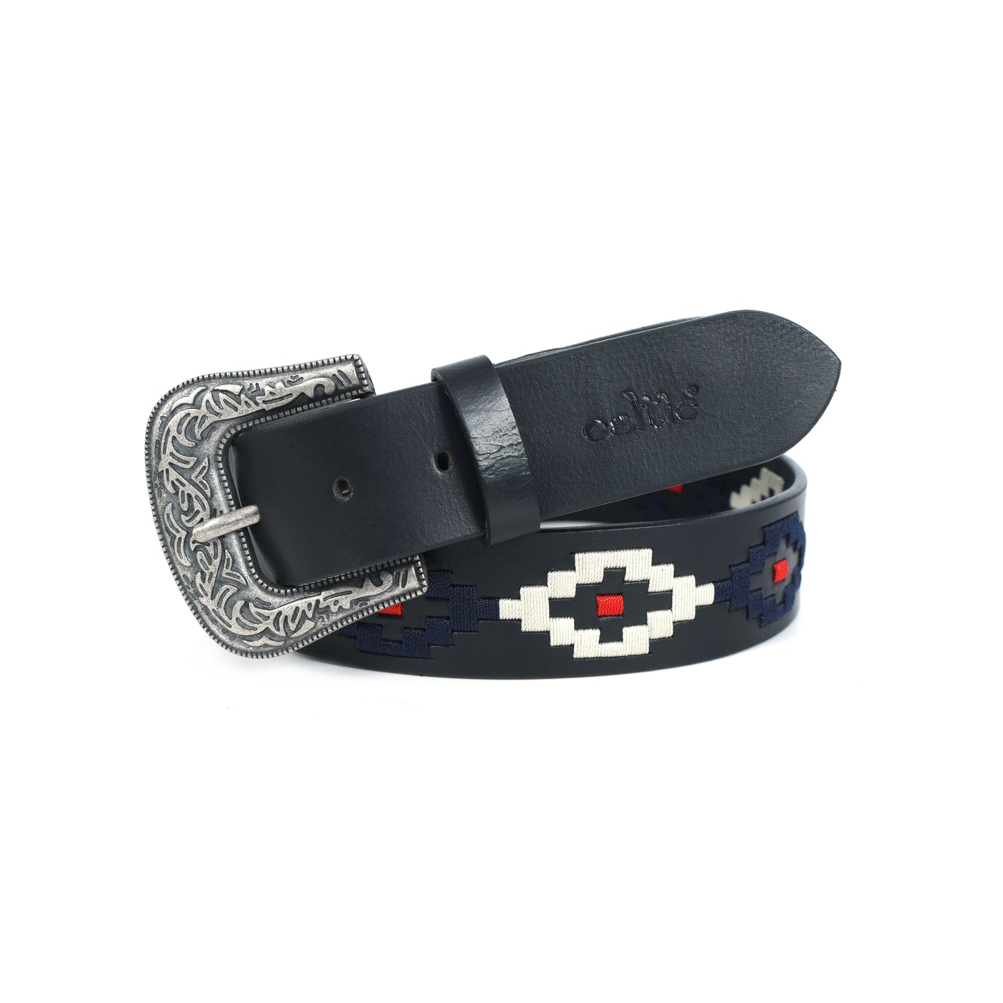 Premium Black Leather Polo Belt with Silver Designer Buckle & Multicolour Webbing. LB-865