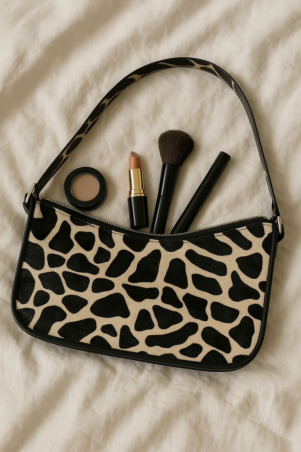 Zebra Print Hair-On Leather Baguette Shoulder Bag with Zip Closure & Inner Pocket