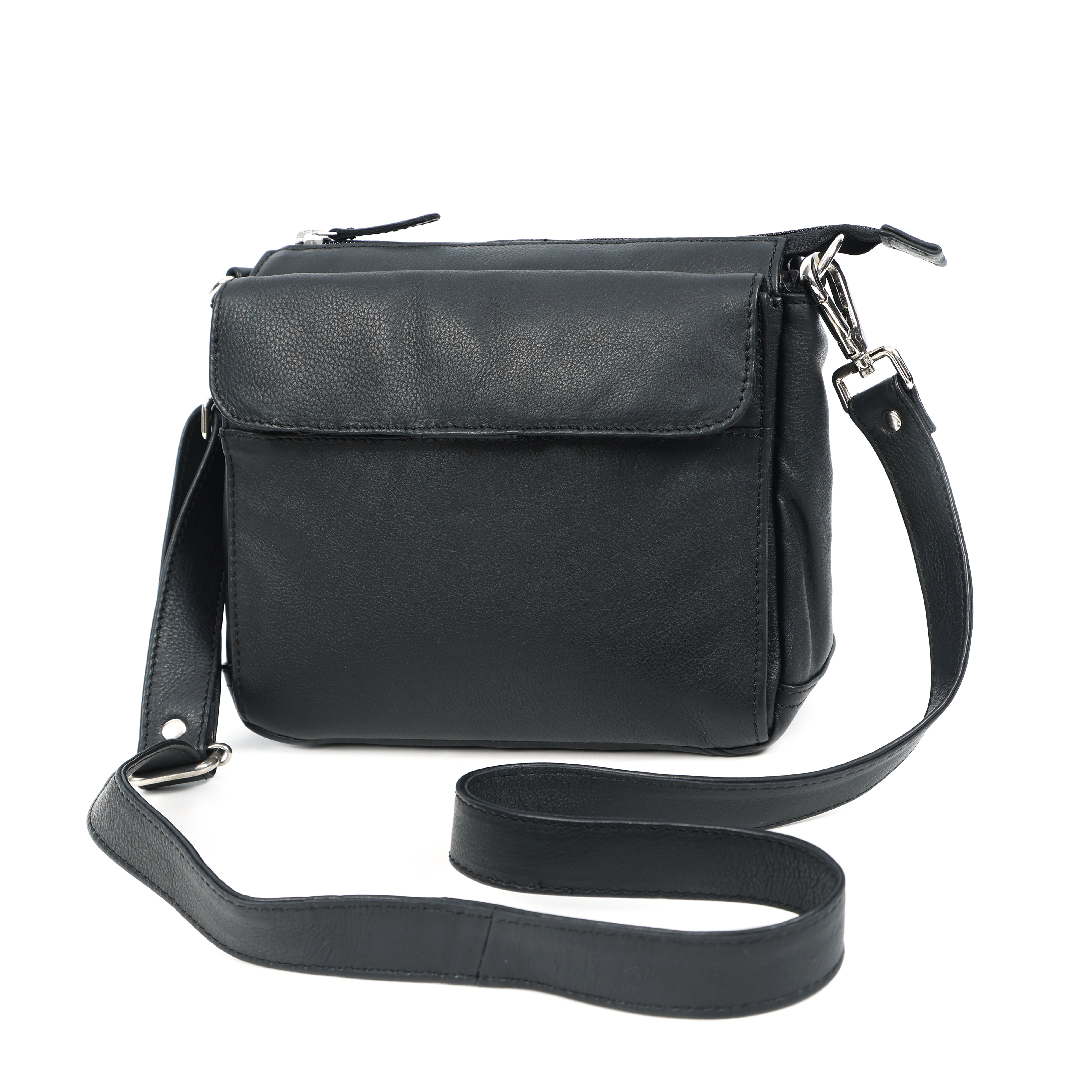 Premium Black Leather Compact Crossbody Bag with Adjustable Strap & Zip Compartments