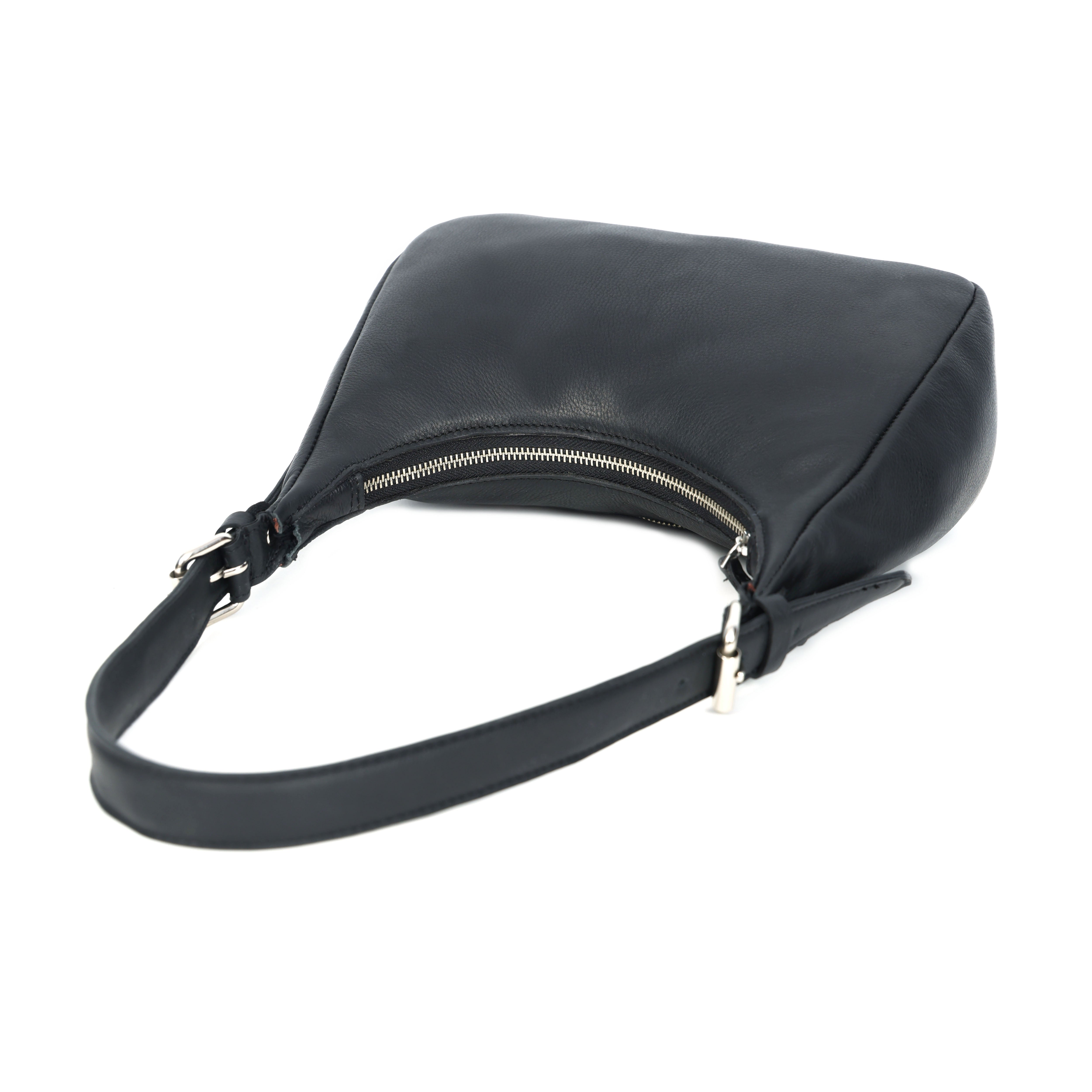 Premium Black Leather Shoulder Bag with Adjustable Strap & Secure Zip Pockets