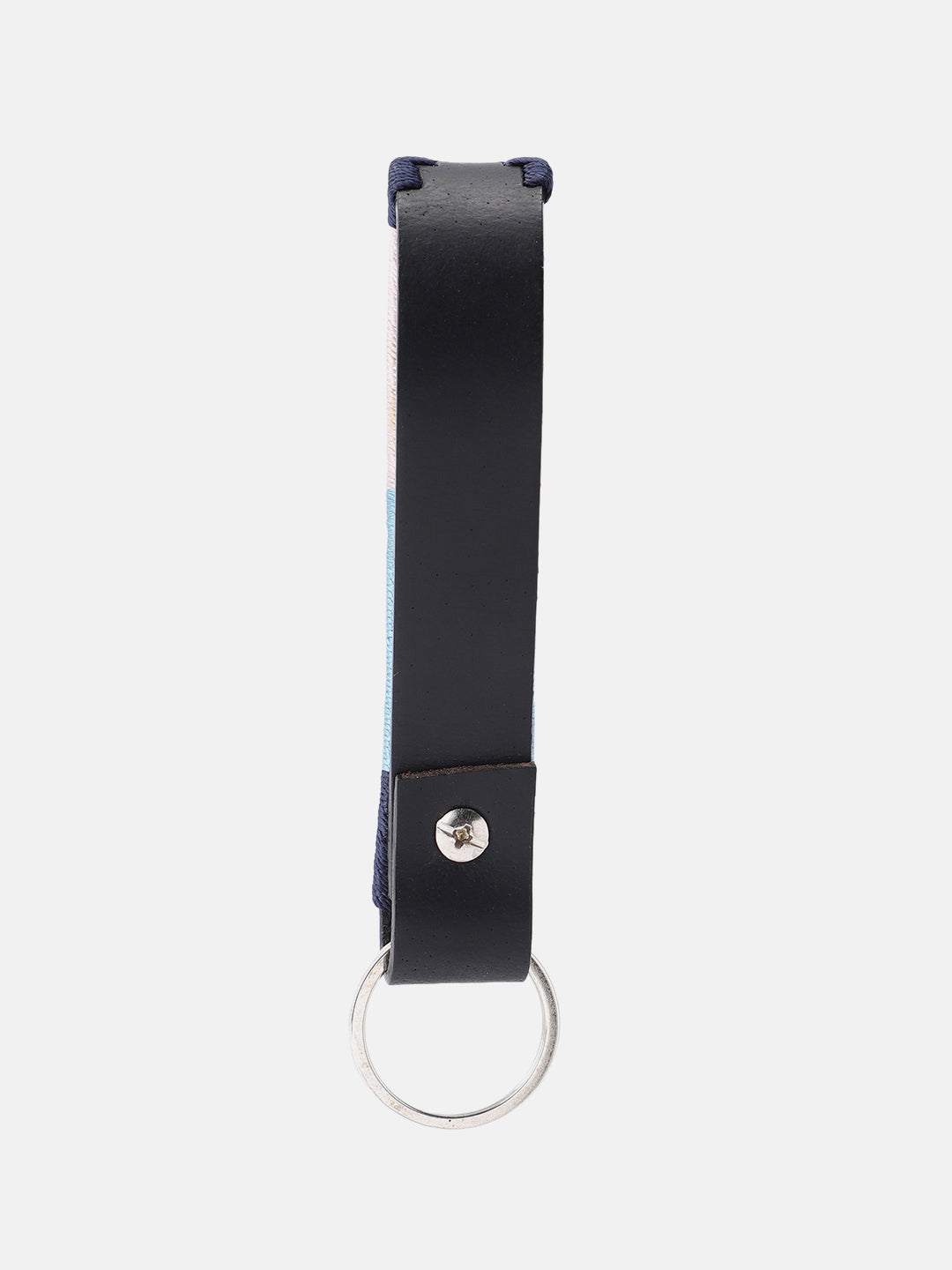 Unisex Handcrafted Leather Belt With Geometric Woven Fabric Accent And Vintage Metal Buckle