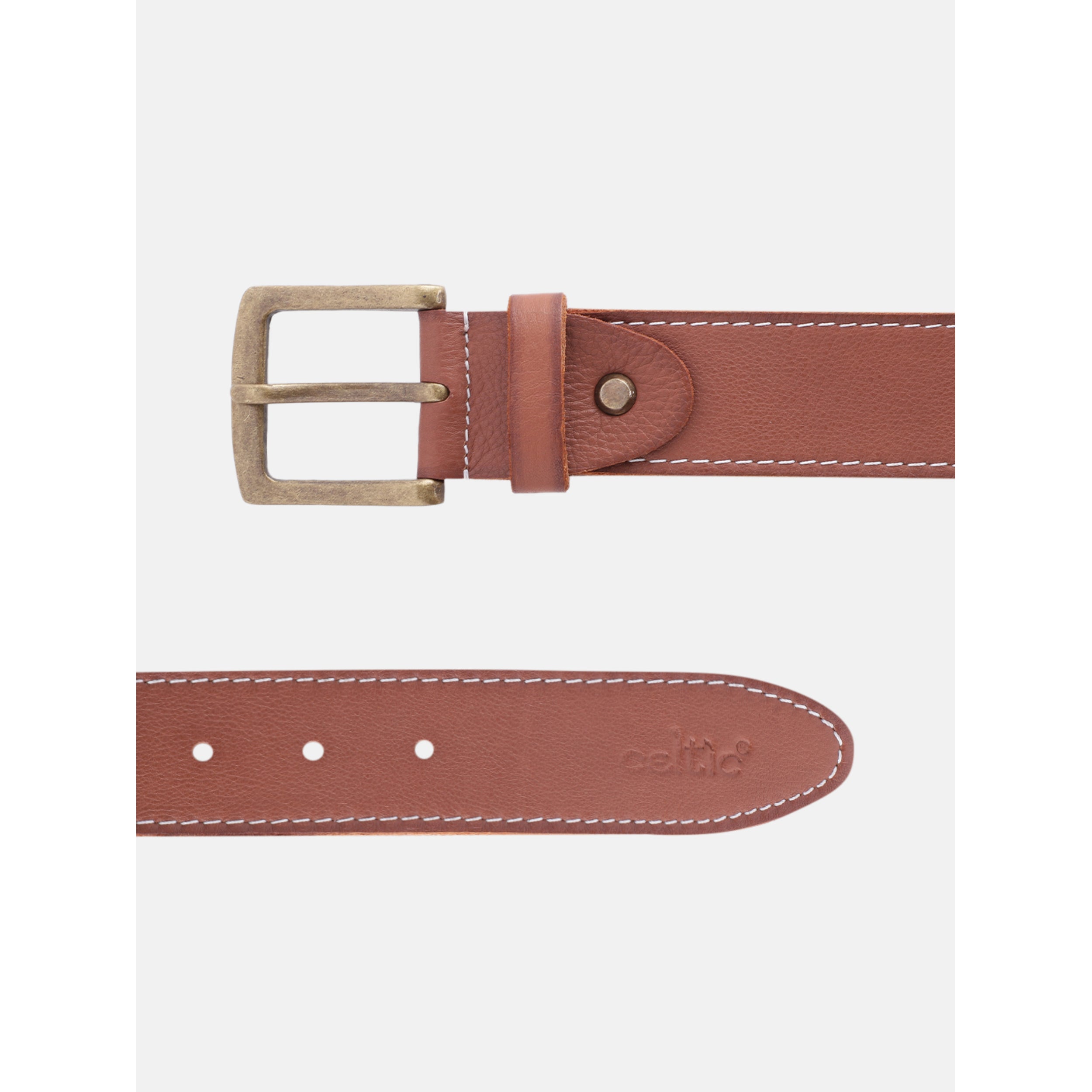 Women Genuine Leather Tan Belt Silver Buckle Contrast Stitching Casual Formal