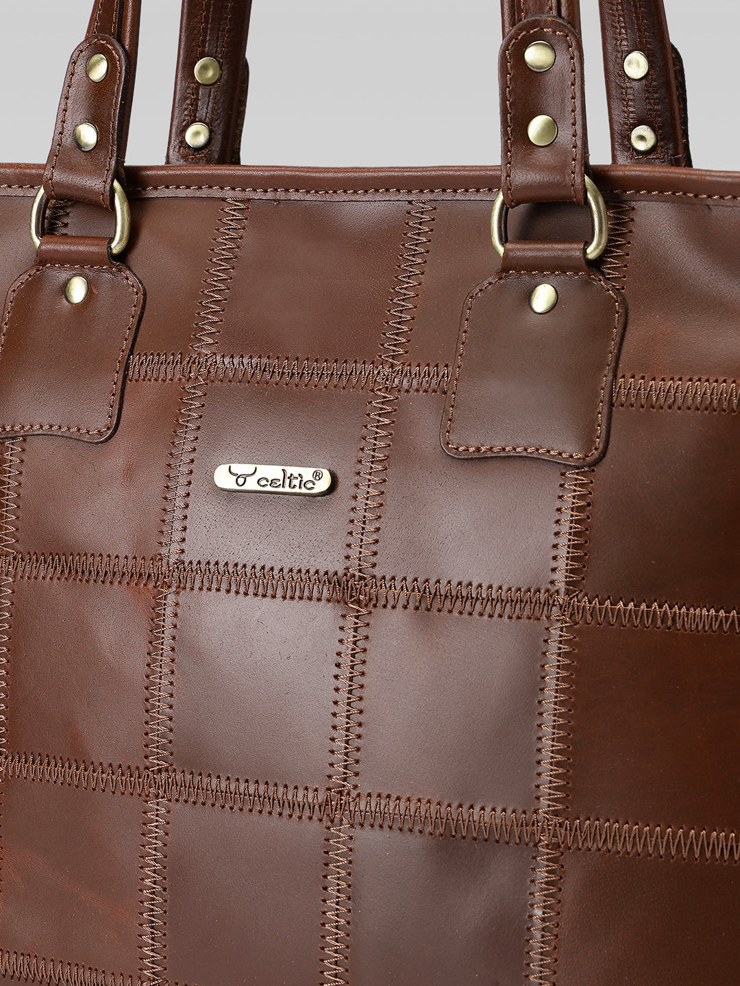 Genuine Leather Brown Tote Bag with Patchwork Design and Top Zip Closure