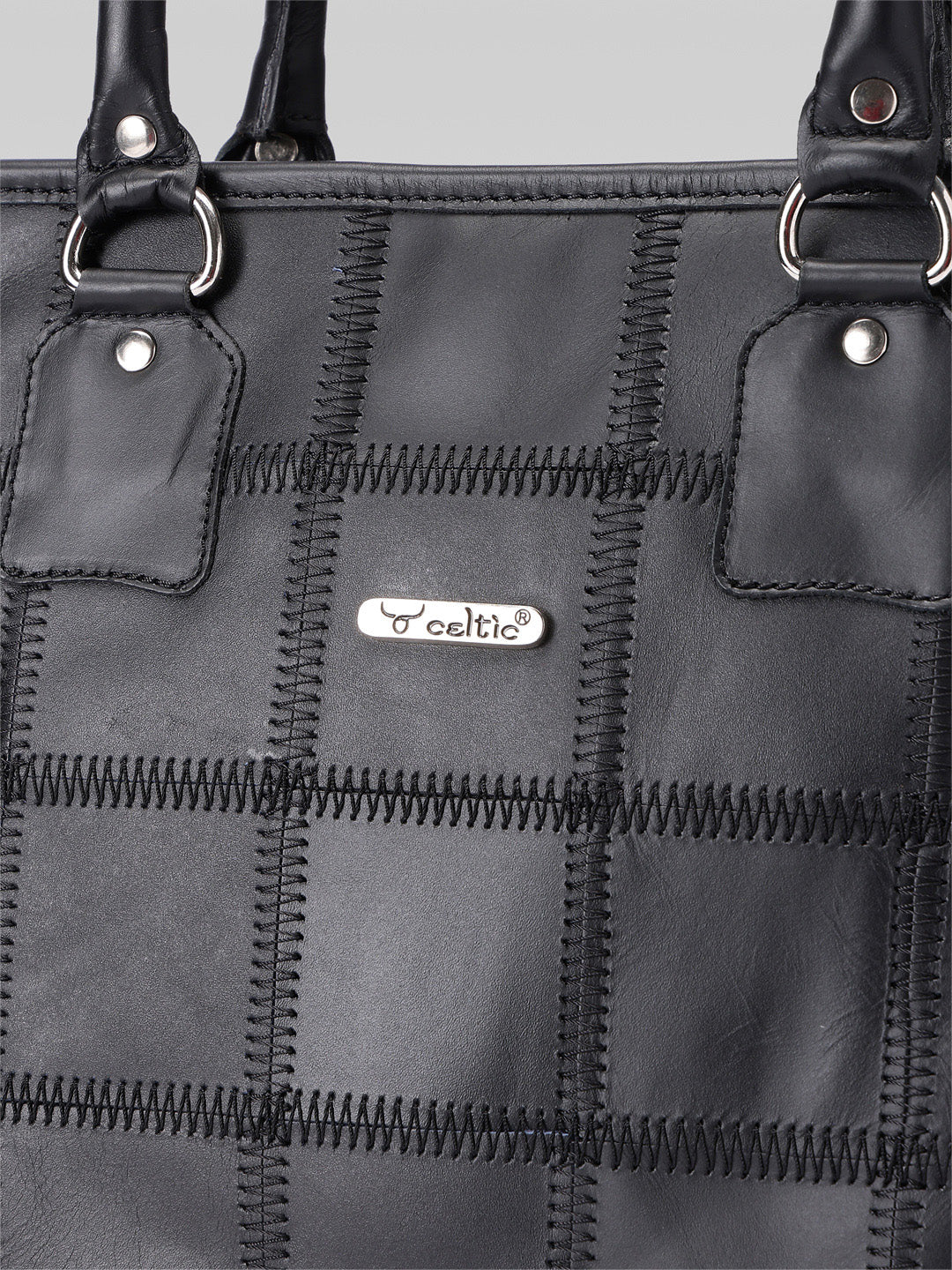 Women Black Leather Tote Bag with Patchwork Design and Spacious Interior