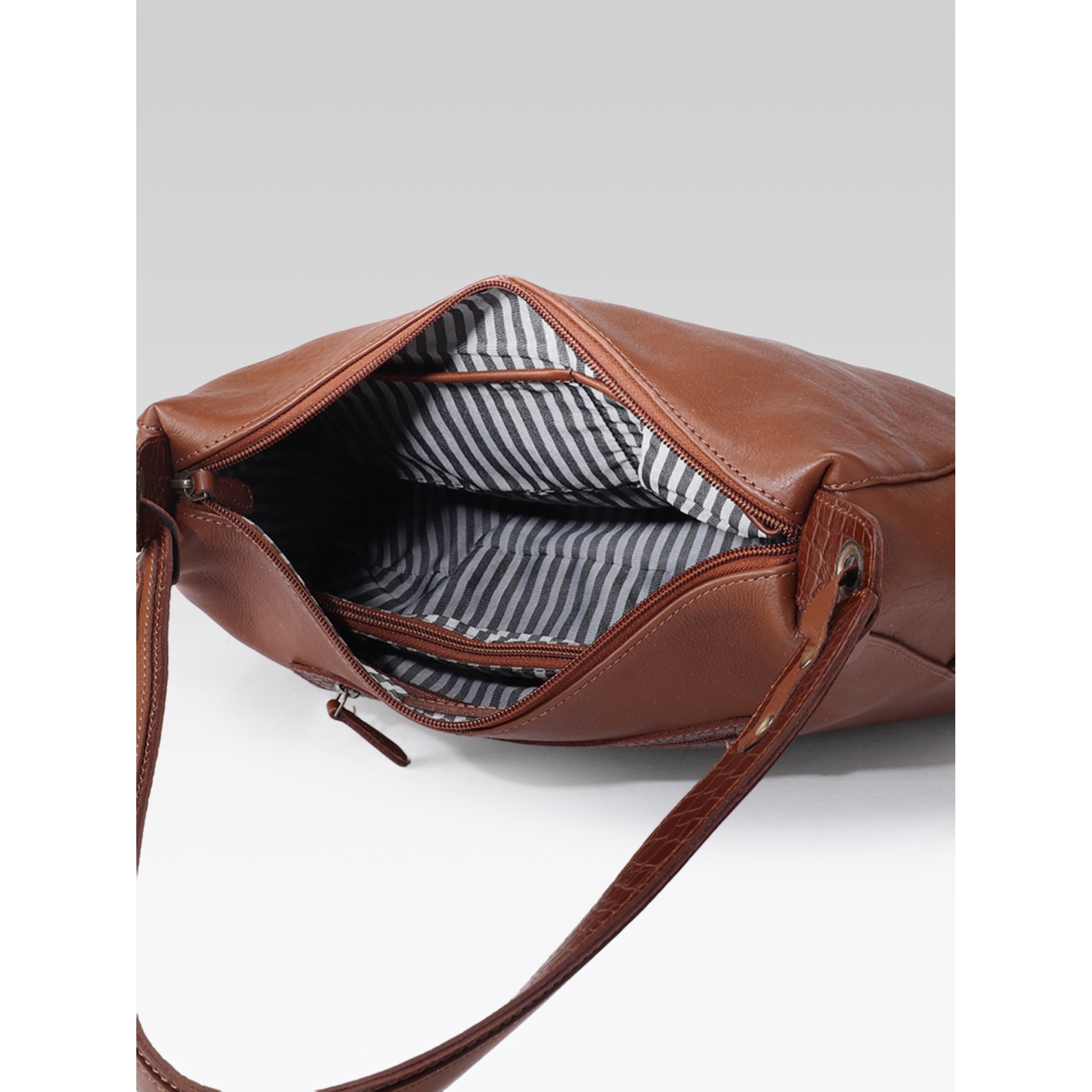 Premium Genuine Leather Hobo Shoulder Bag with Zippered Pockets & Fixed Strap