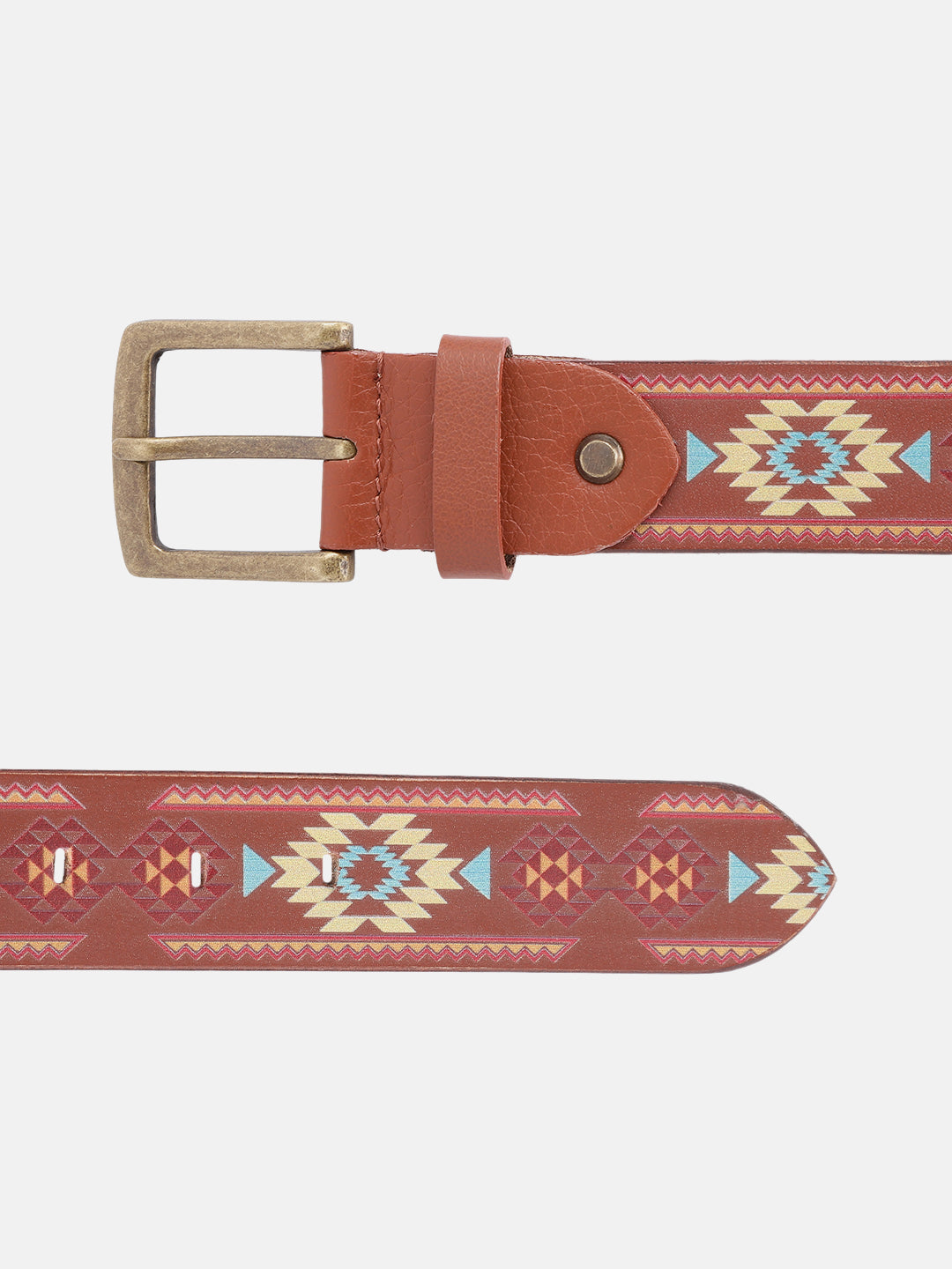 Handcrafted Aztec Pattern Leather Belt With Antique Buckle For Casual Ethnic Styling