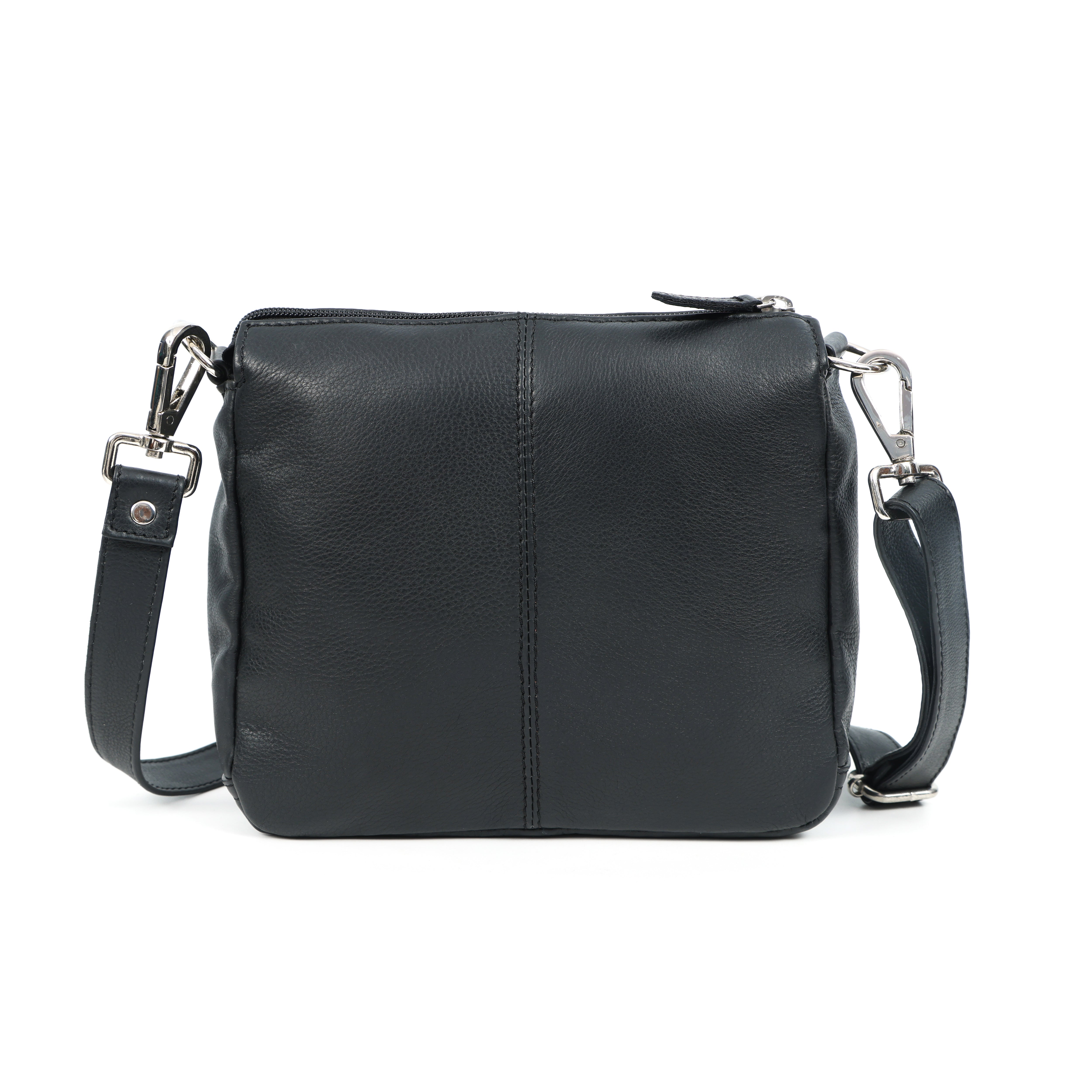 Premium Black Leather Compact Crossbody Bag with Adjustable Strap & Zip Compartments
