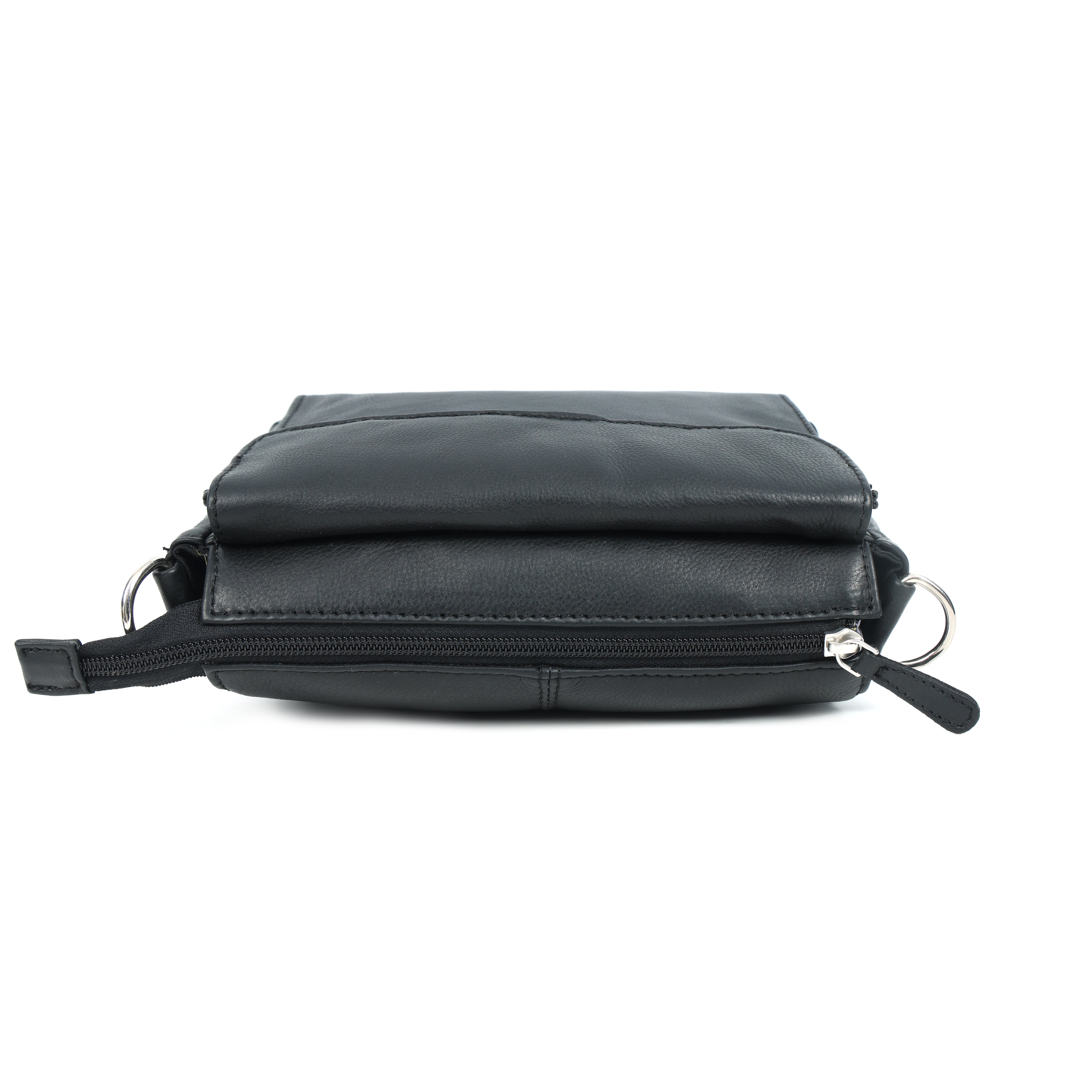 Premium Black Leather Compact Crossbody Bag with Adjustable Strap & Zip Compartments