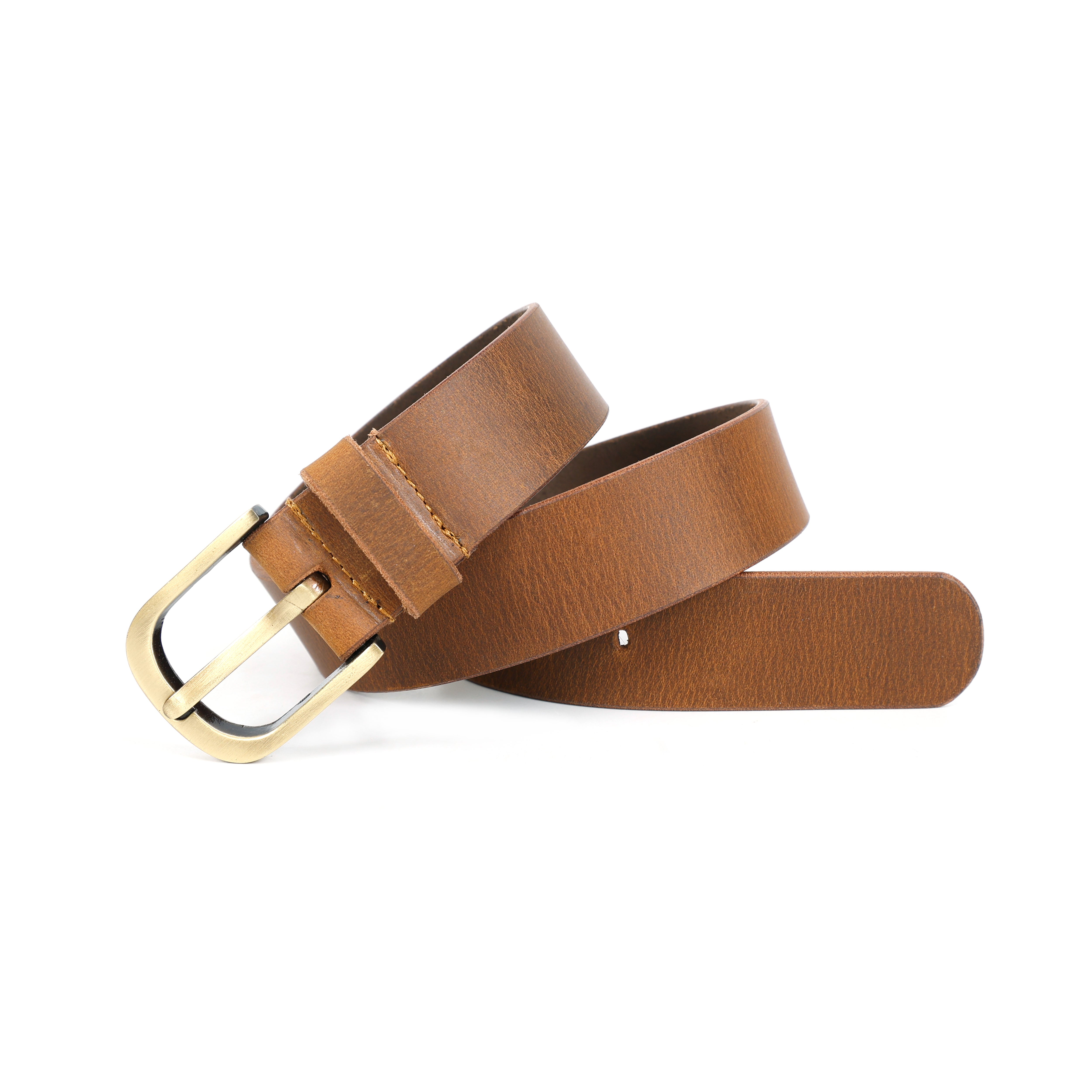 Unisex Premium Tan Leather Belt Brass Buckle Classic Formal Casual Wear Accessory