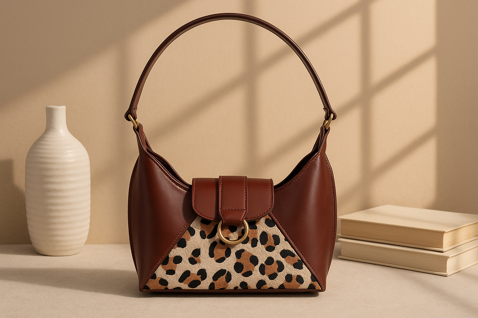 Brown Leather Shoulder Bag with Leopard-Print Hairon Panel ’Elegant & Compact Handbag