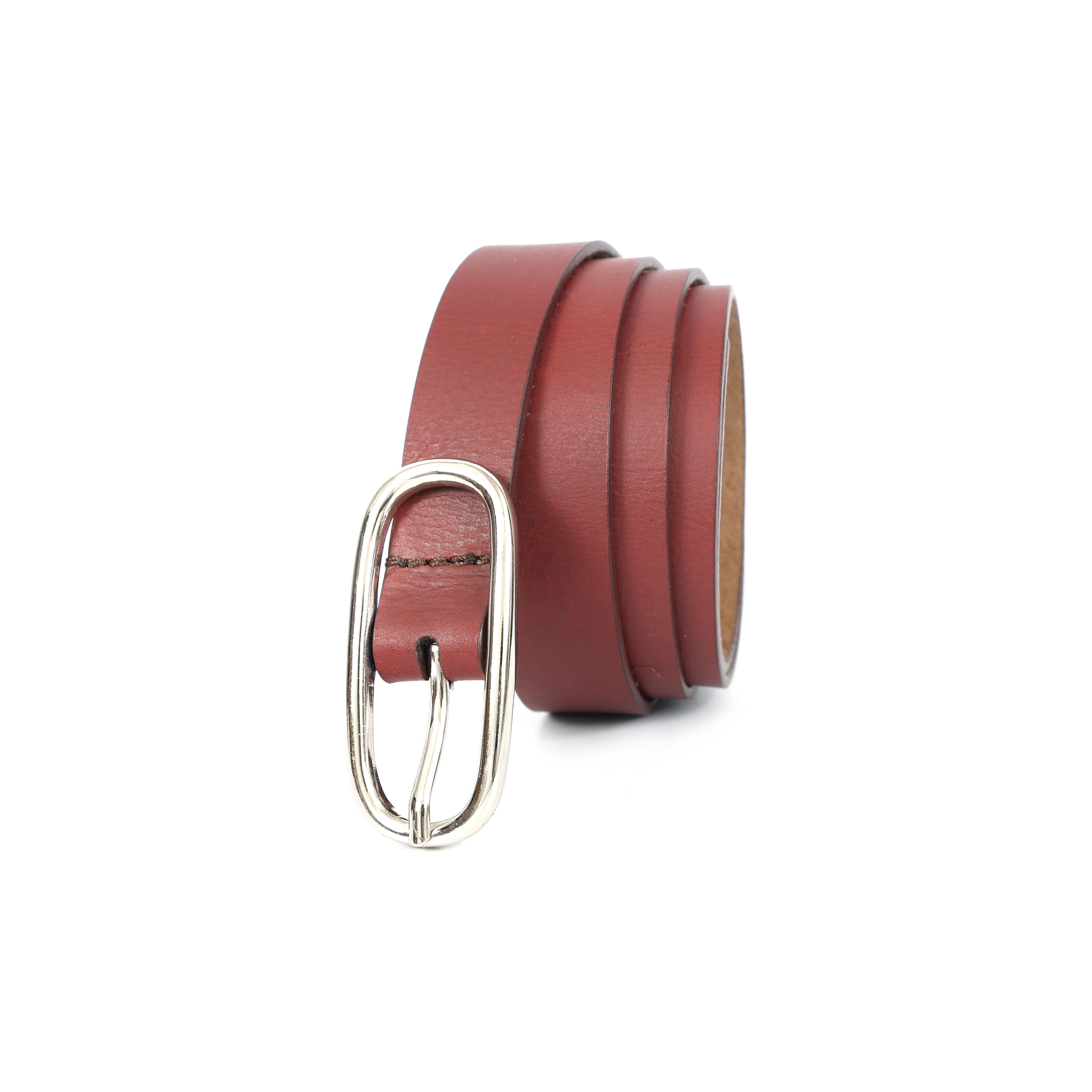 Women’s Minimalist Burgundy Belt with Shiny Oval Buckle