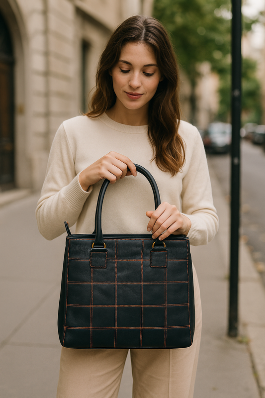 Sophisticated Black Leather Tote Bag with Red Stitching - The Perfect Blend of Elegance and Style. Art: BG-1143