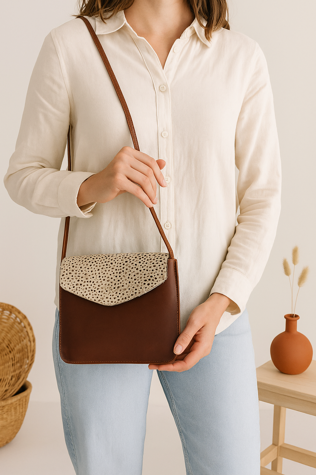 Fashion-forward Sling Bag with Printed Hair on Leather. Art: BG-1446