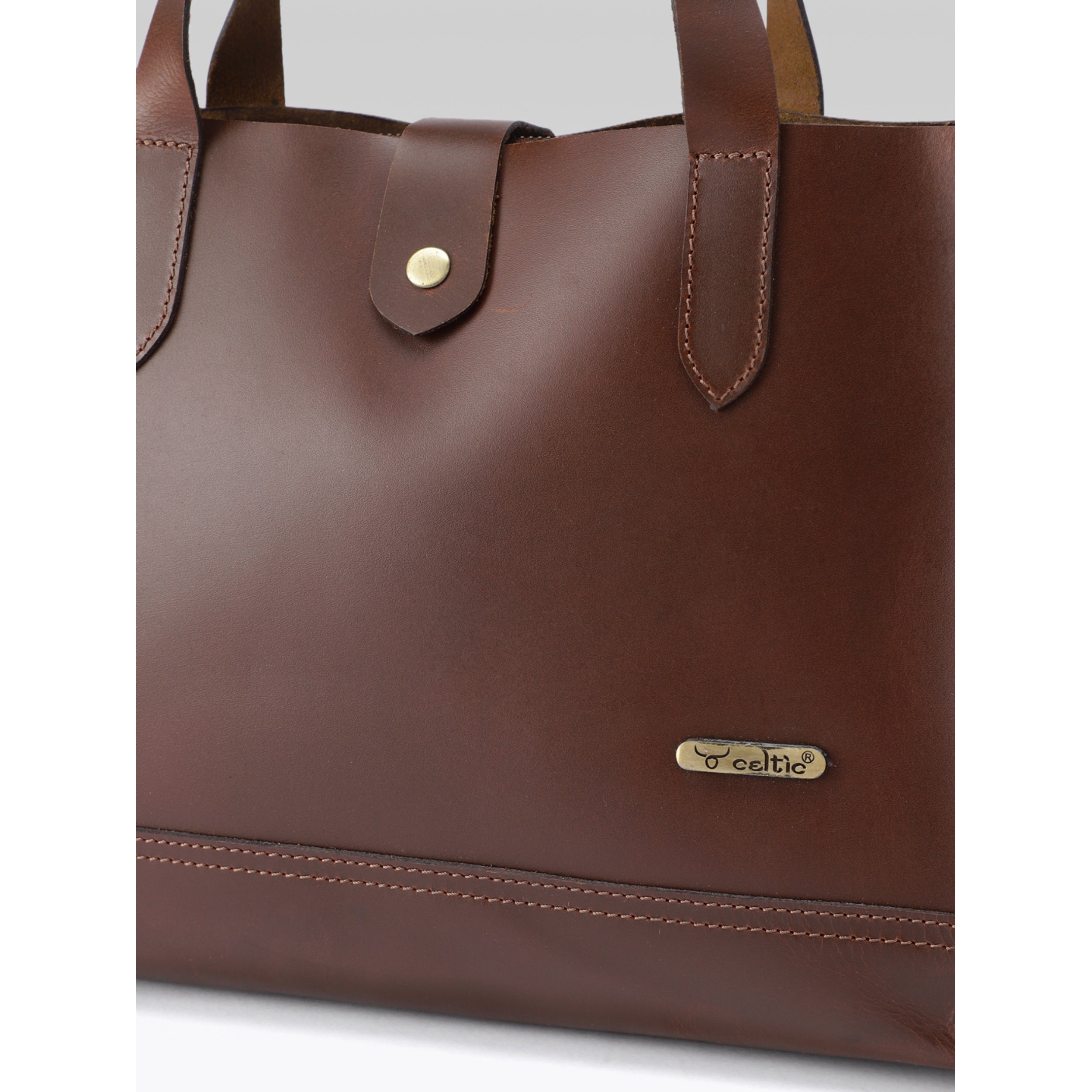 Premium Genuine Leather Structured Shopper Tote with Dual Compartments & Snap Closure