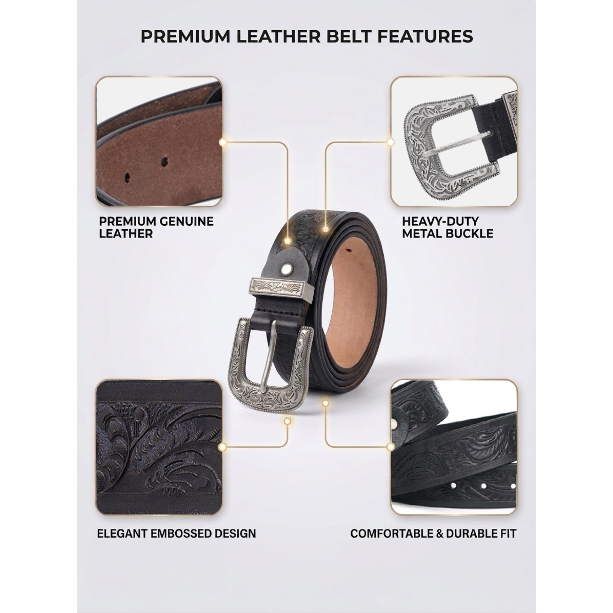 Men Genuine Leather Embossed Black Western Waist Accessory Ornate Buckle Tip