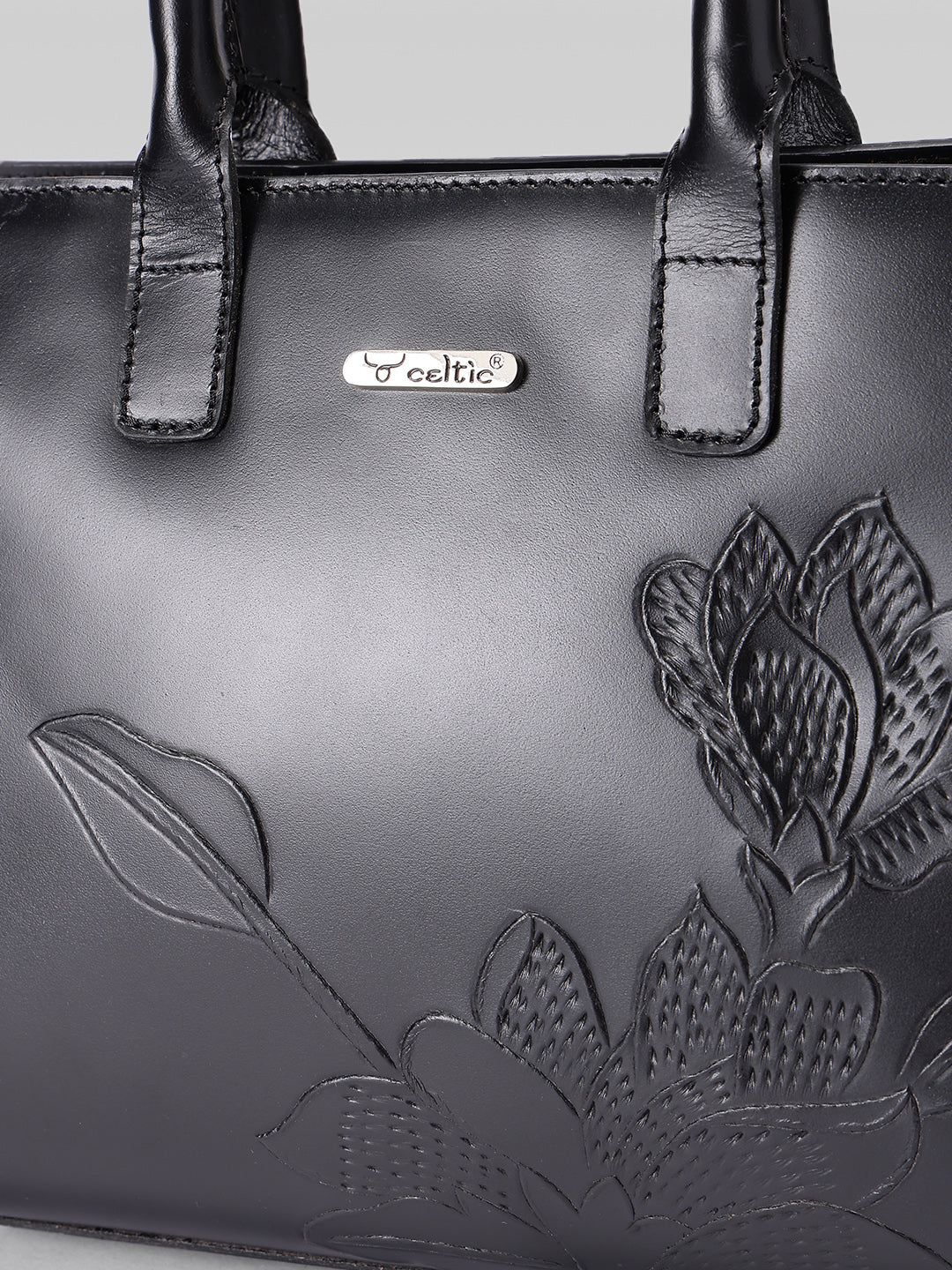 Premium Genuine Leather Tote with Floral Embossing, Top Handles, Zip Closure