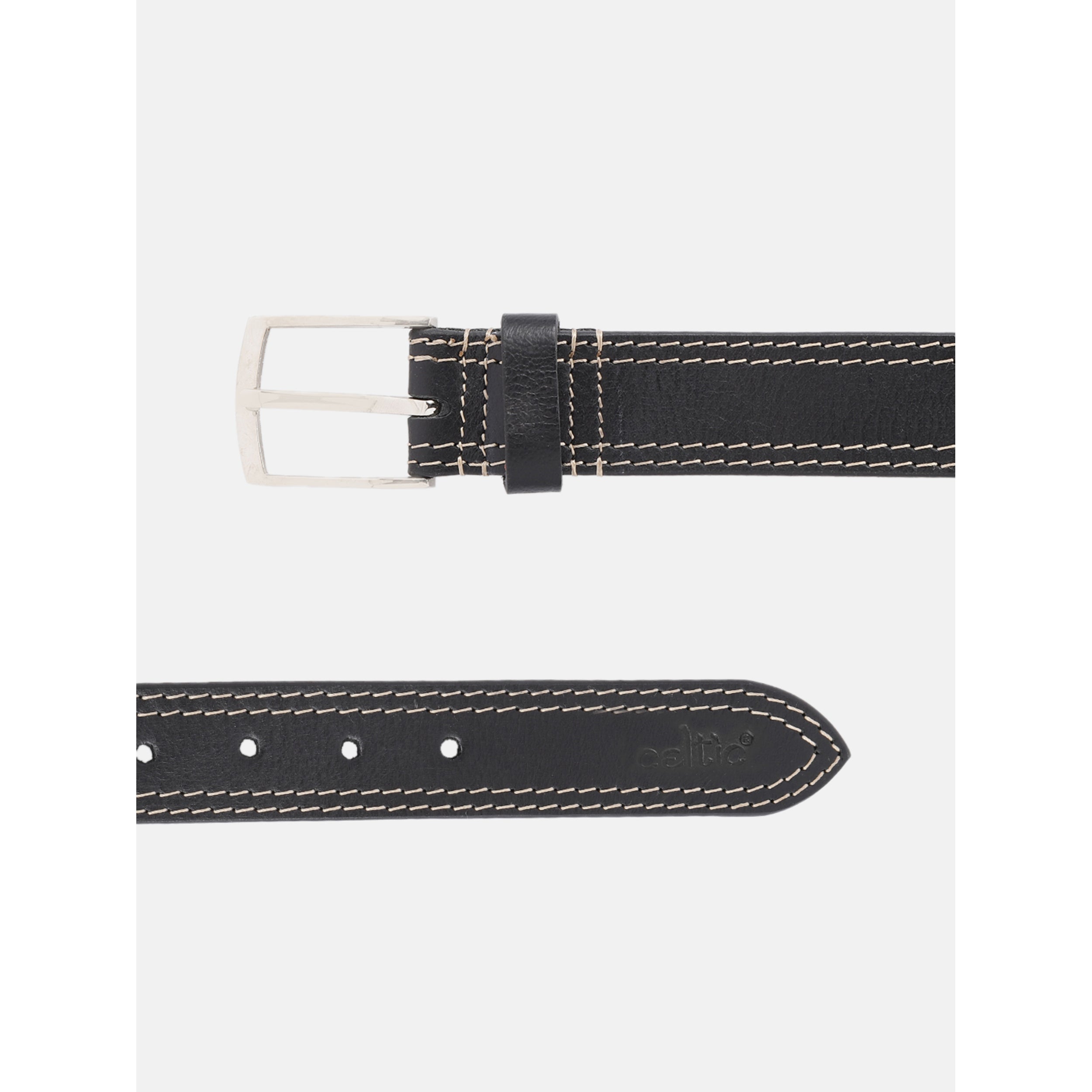 Unisex Genuine Leather Black belt Contrast Stitching Chrome Buckle Casual Formal