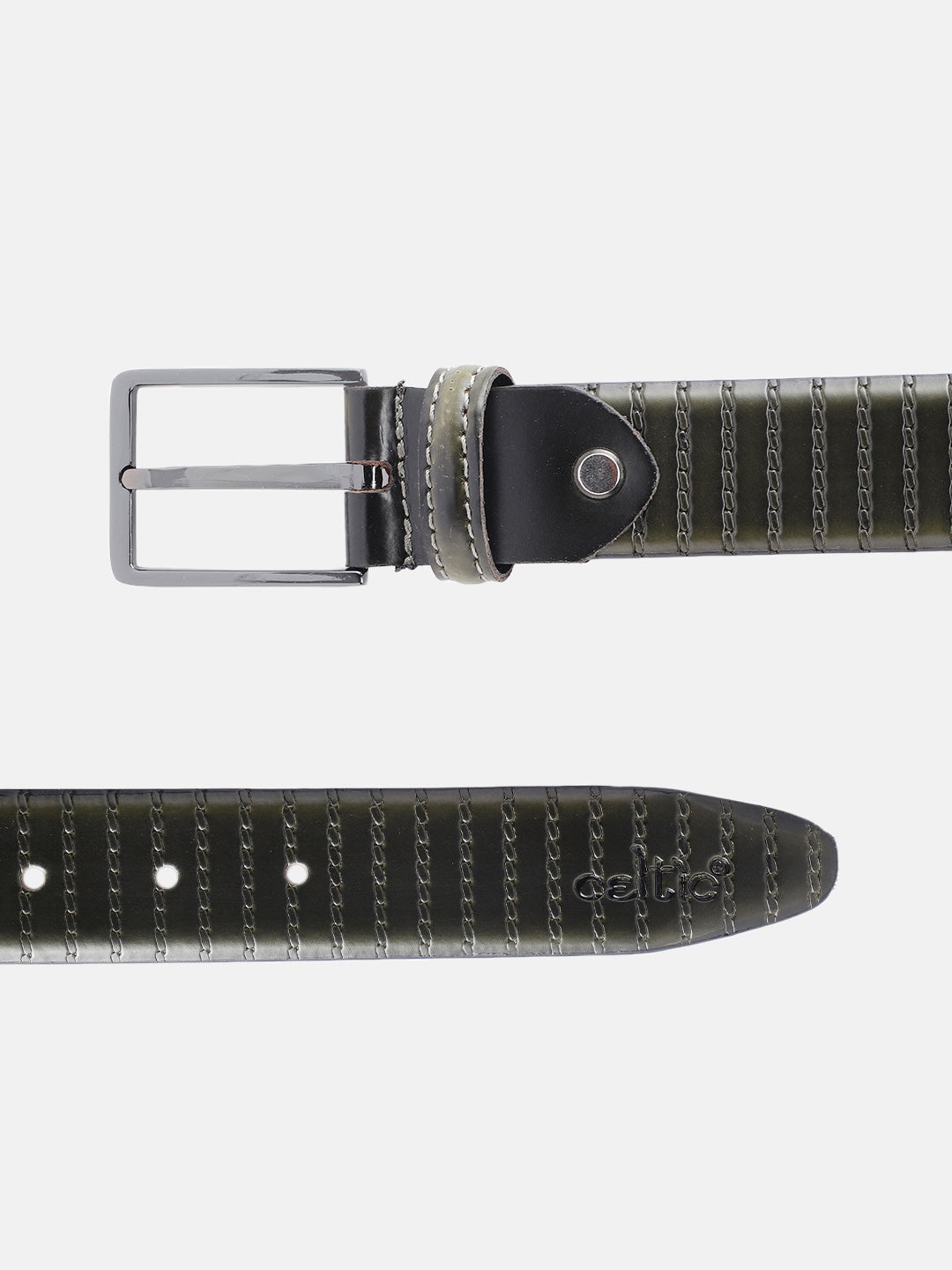 Men Olive Textured Leather Belt With Vertical Stripe Pattern And Classic Metal Buckle