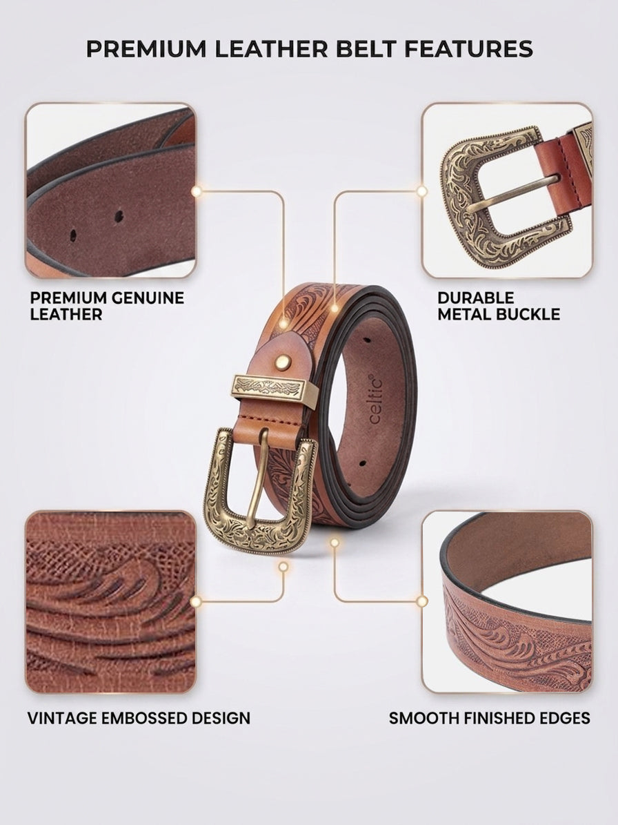 Genuine Leather Embossed Western Waist Accessory Ornate Buckle Tip