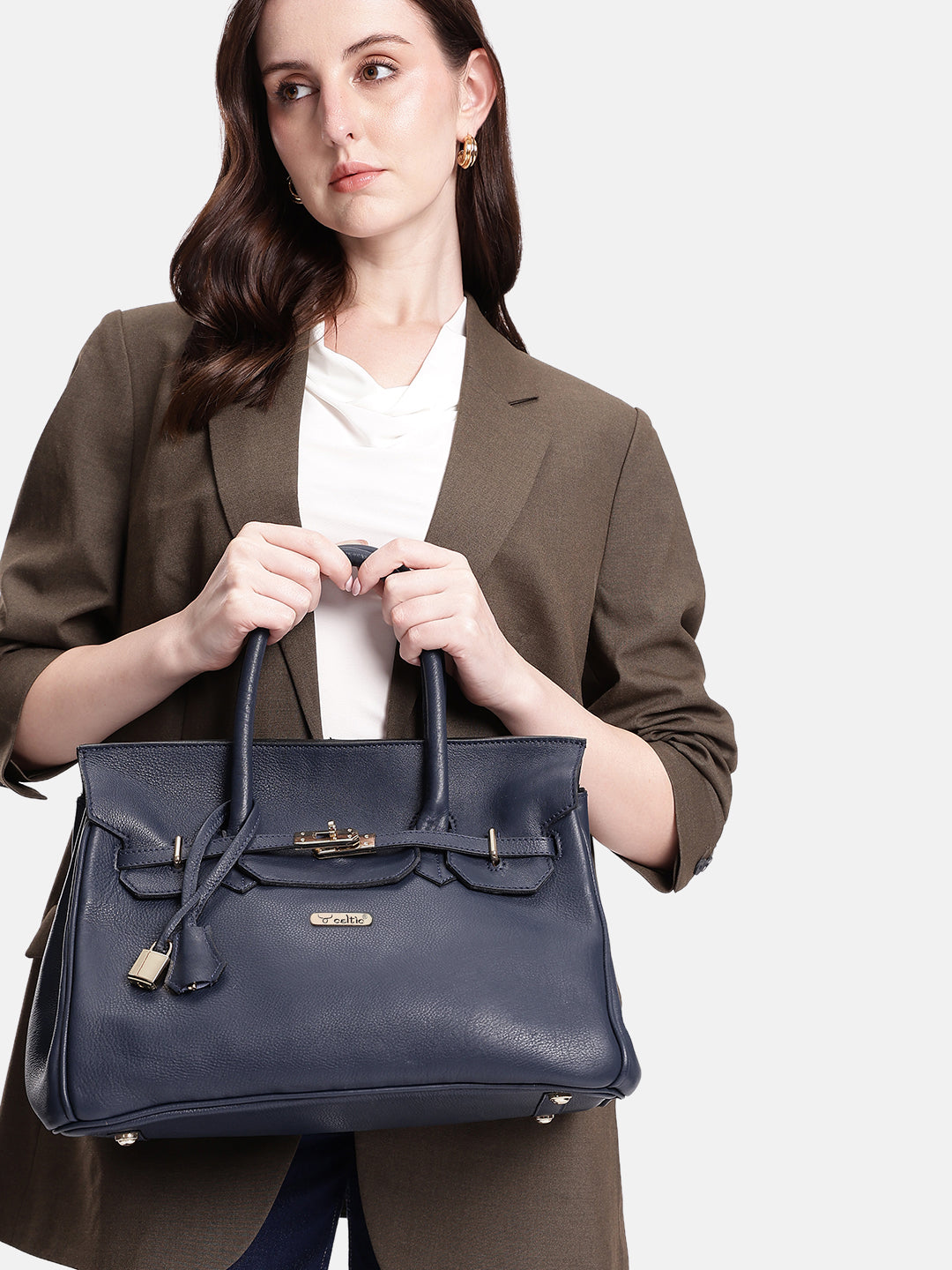 Premium Genuine Leather Tote Handbag with Turn-Lock Closure