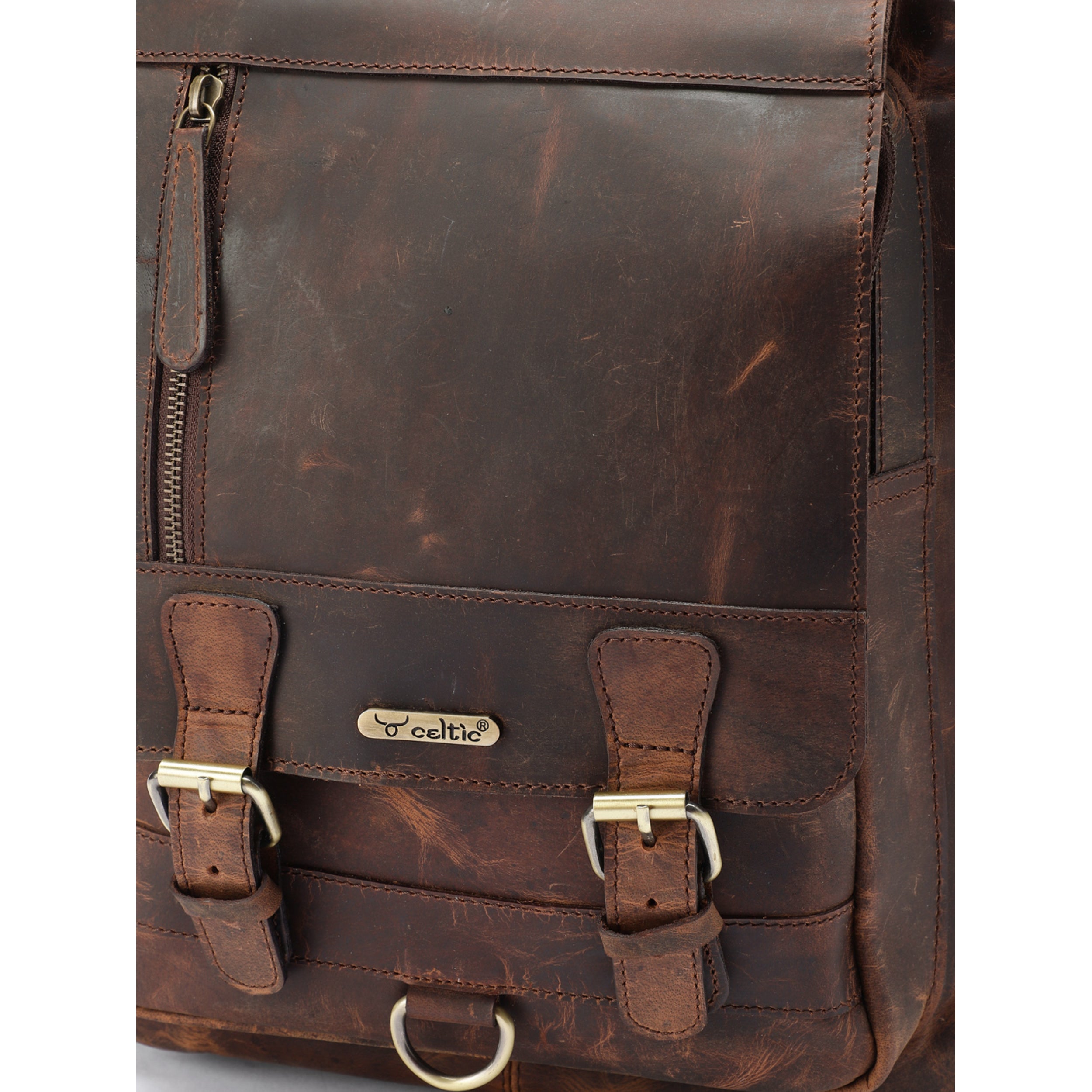 Premium Genuine Leather Backpack with Front Zip Pocket & Padded Shoulder Straps