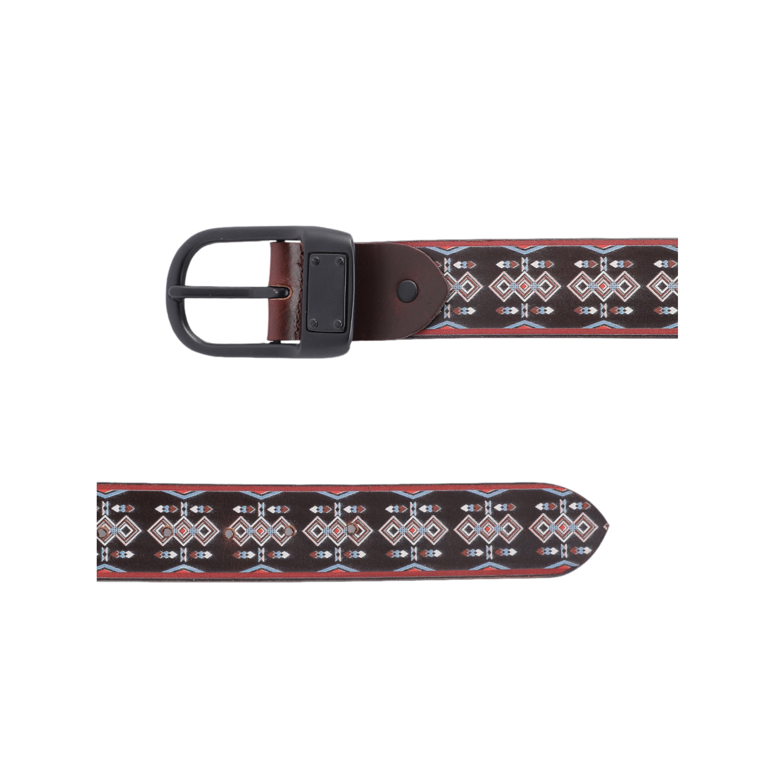 Unisex Tribal Patterned Leather Belt With Geometric Print Matte Black Buckle Handmade Style.